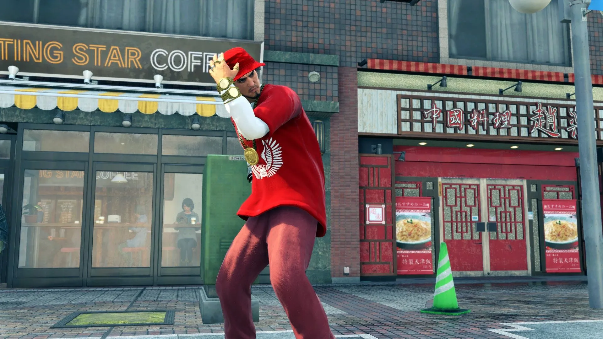 Ichiban Kasuga, nhân vật chính của Yakuza: Like a Dragon, trong trang phục màu đỏ nổi bật, chuẩn bị cho một trận chiến đường phố