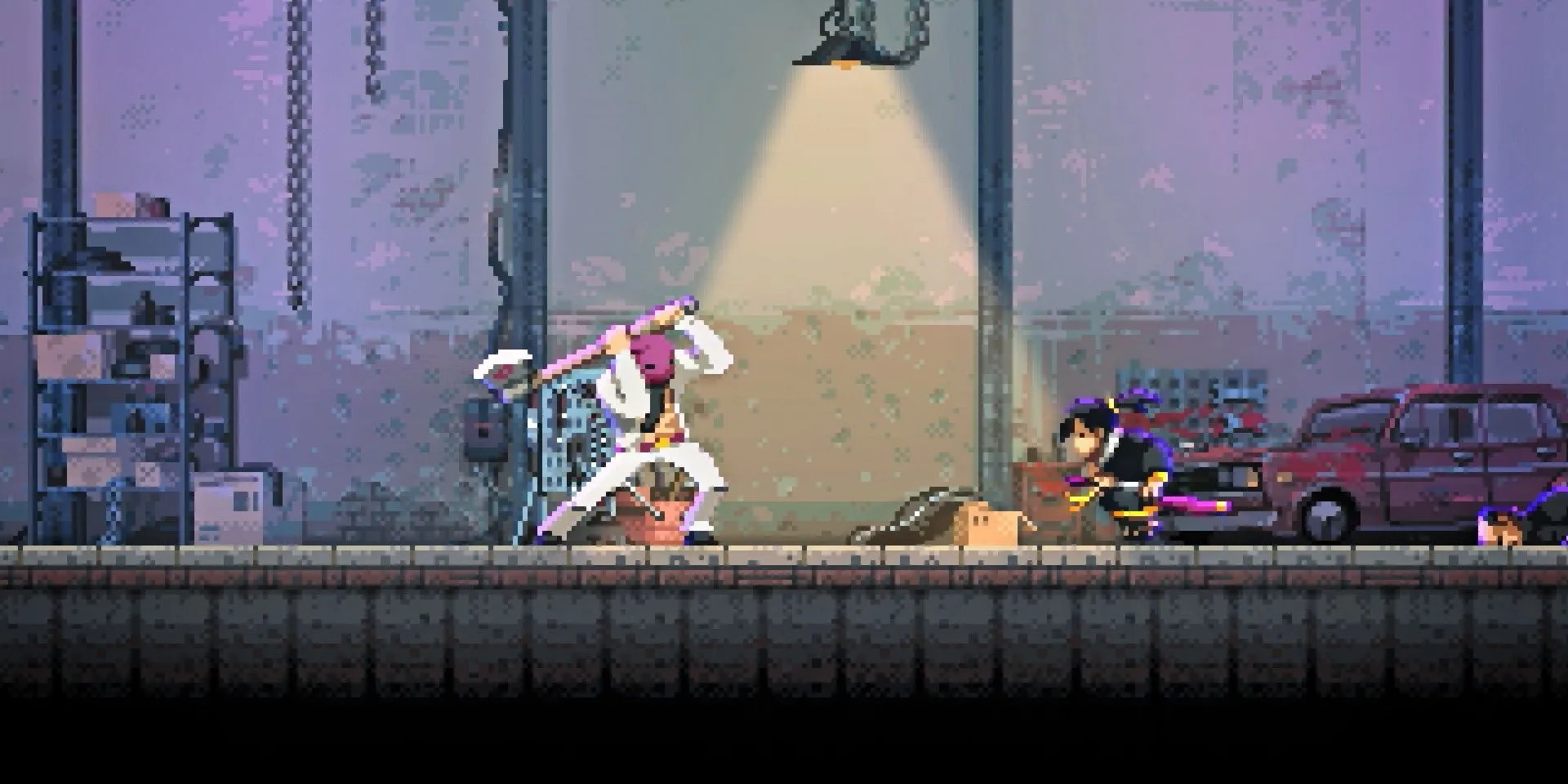 Katana ZERO, nhân vật chính đang đối đầu với một kẻ thù lớn, thể hiện phong cách pixel art đặc trưng