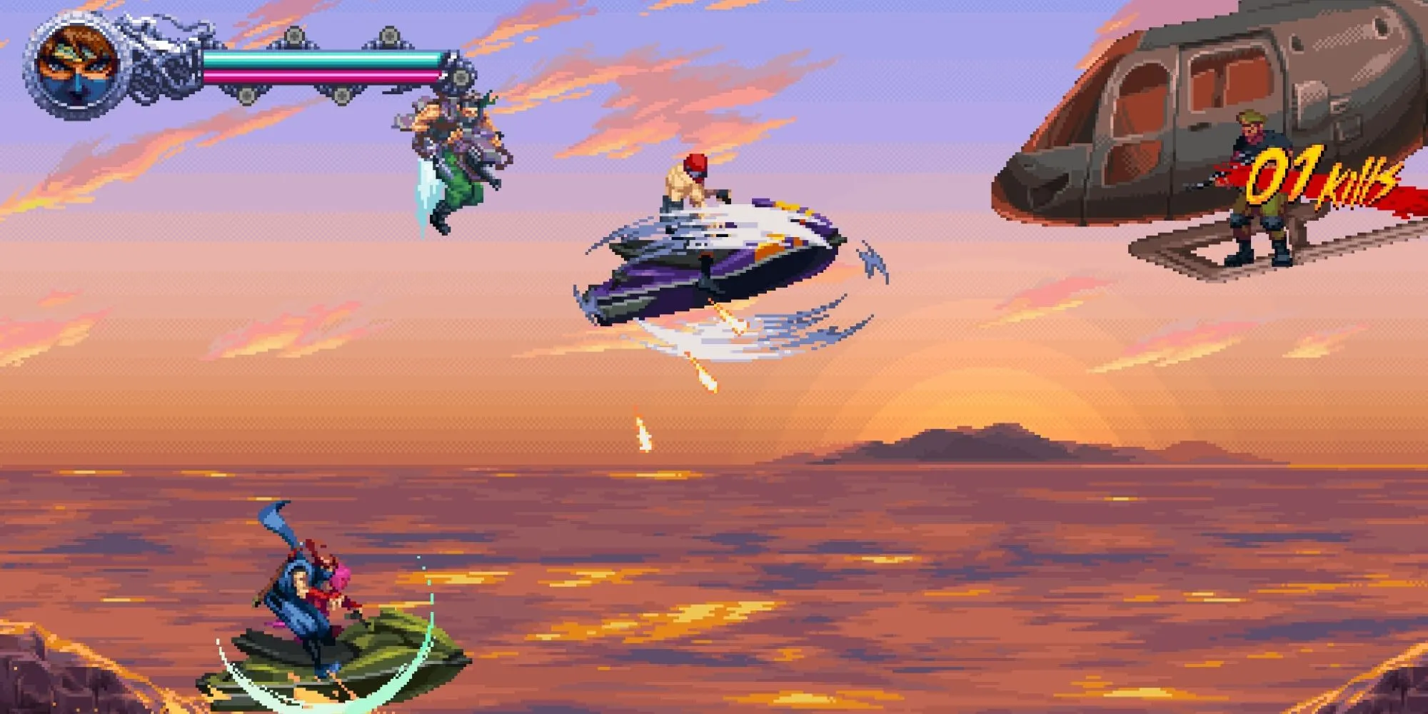 Kenji Mozu điều khiển jet ski qua môi trường nước nguy hiểm trong một nhiệm vụ phụ của Ninja Gaiden Ragebound