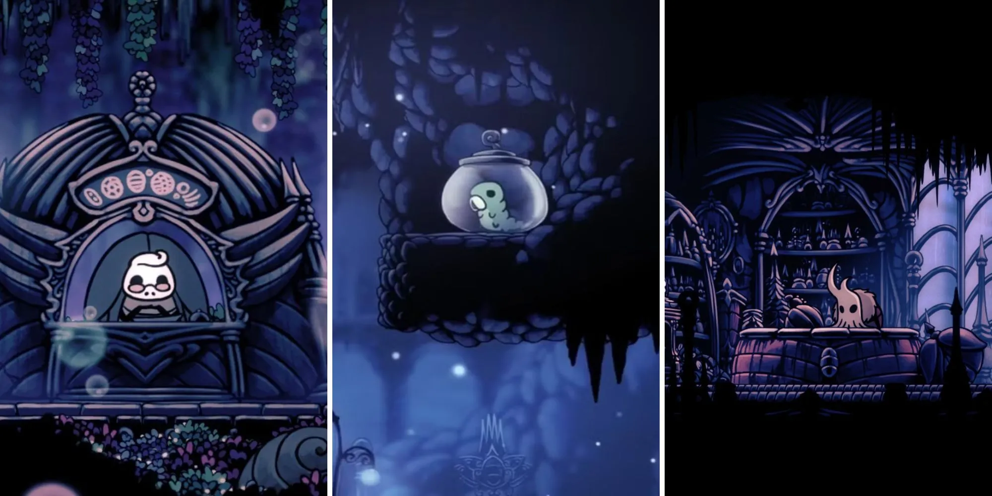 Kỵ Sĩ Rỗng đang thu thập Geo sau khi đánh bại kẻ thù, minh họa cách kiếm tiền trong Hollow Knight