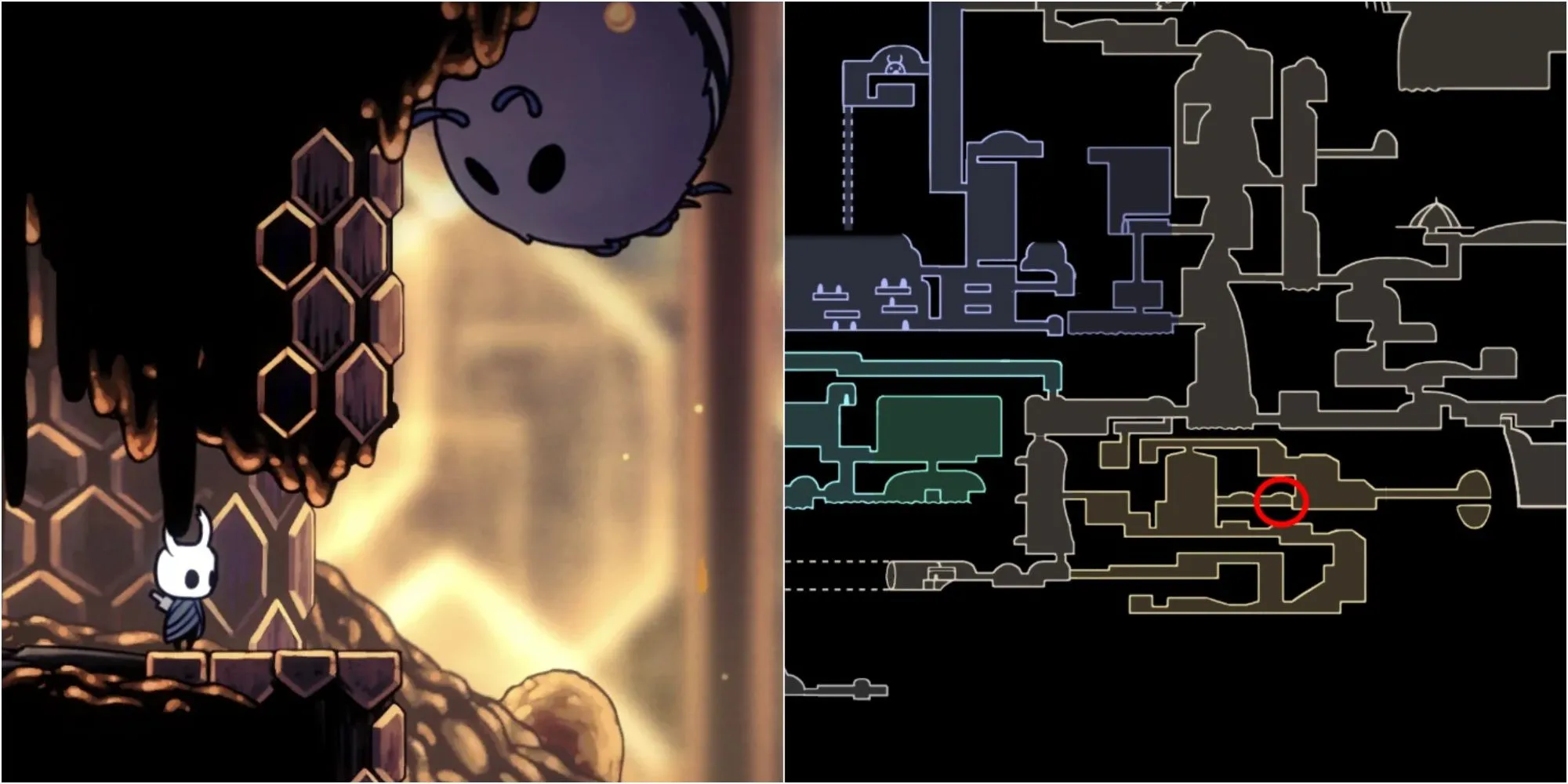 Mảnh mặt nạ ẩn sau bức tường vỡ trong The Hive Hollow Knight