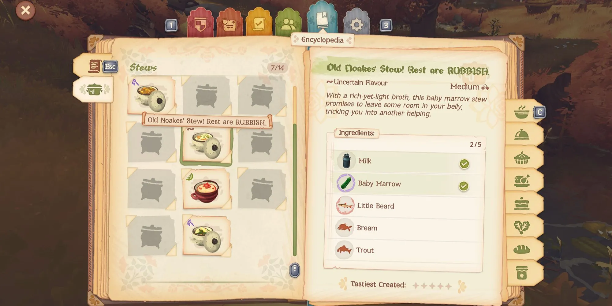 Món hầm 'Old Noakes' Stew' với tên gọi hài hước trong Tales of the Shire, minh họa sự đa dạng công thức nấu ăn.