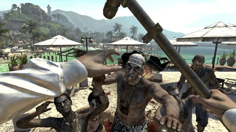 Một góc nhìn cận cảnh người chơi chiến đấu với zombie trong Dead Island, trái ngược với tông màu bi kịch được gợi ý trong trailer ra mắt.