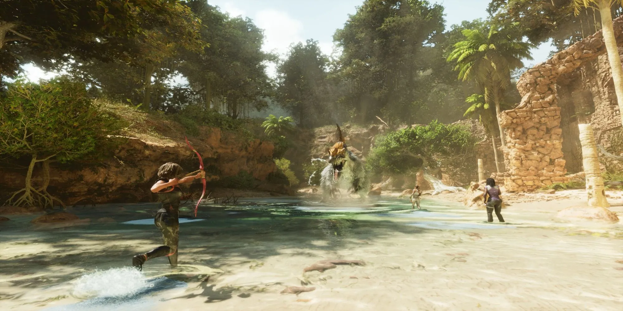 Nhóm người chơi chiến đấu với khủng long Yutyrannus trong thế giới ARK: Survival Ascended