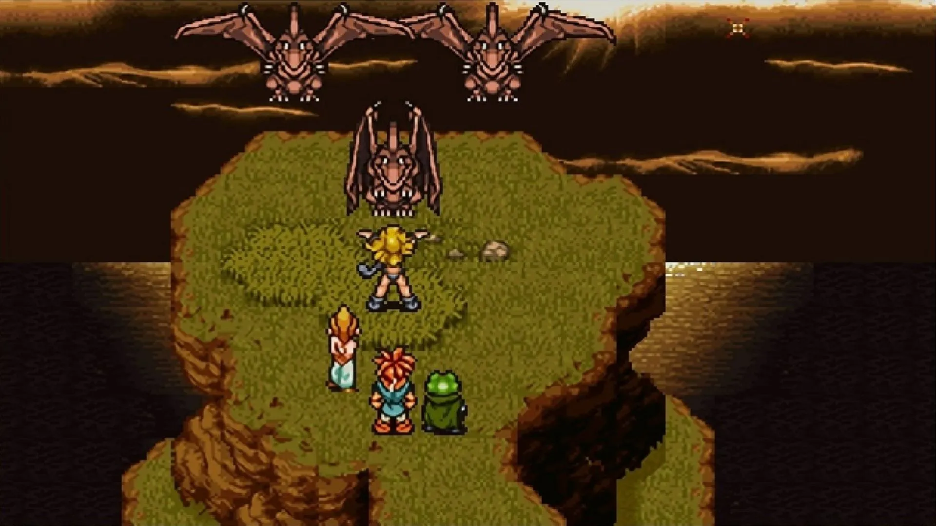 Nhóm nhân vật chính trong Chrono Trigger, bao gồm Crono, Marle và Lucca, đang chuẩn bị bước vào một cuộc phiêu lưu xuyên thời gian