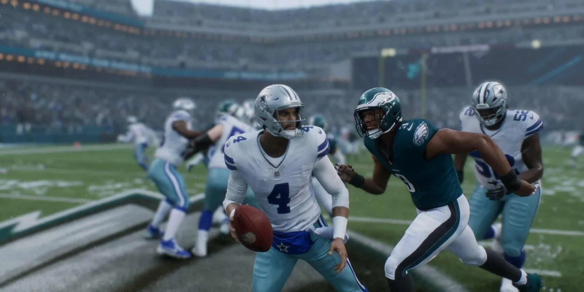 Pha truy cản (sack) kịch tính của hậu vệ trong gameplay Madden NFL 26, minh họa sự thiếu thực tế của AI