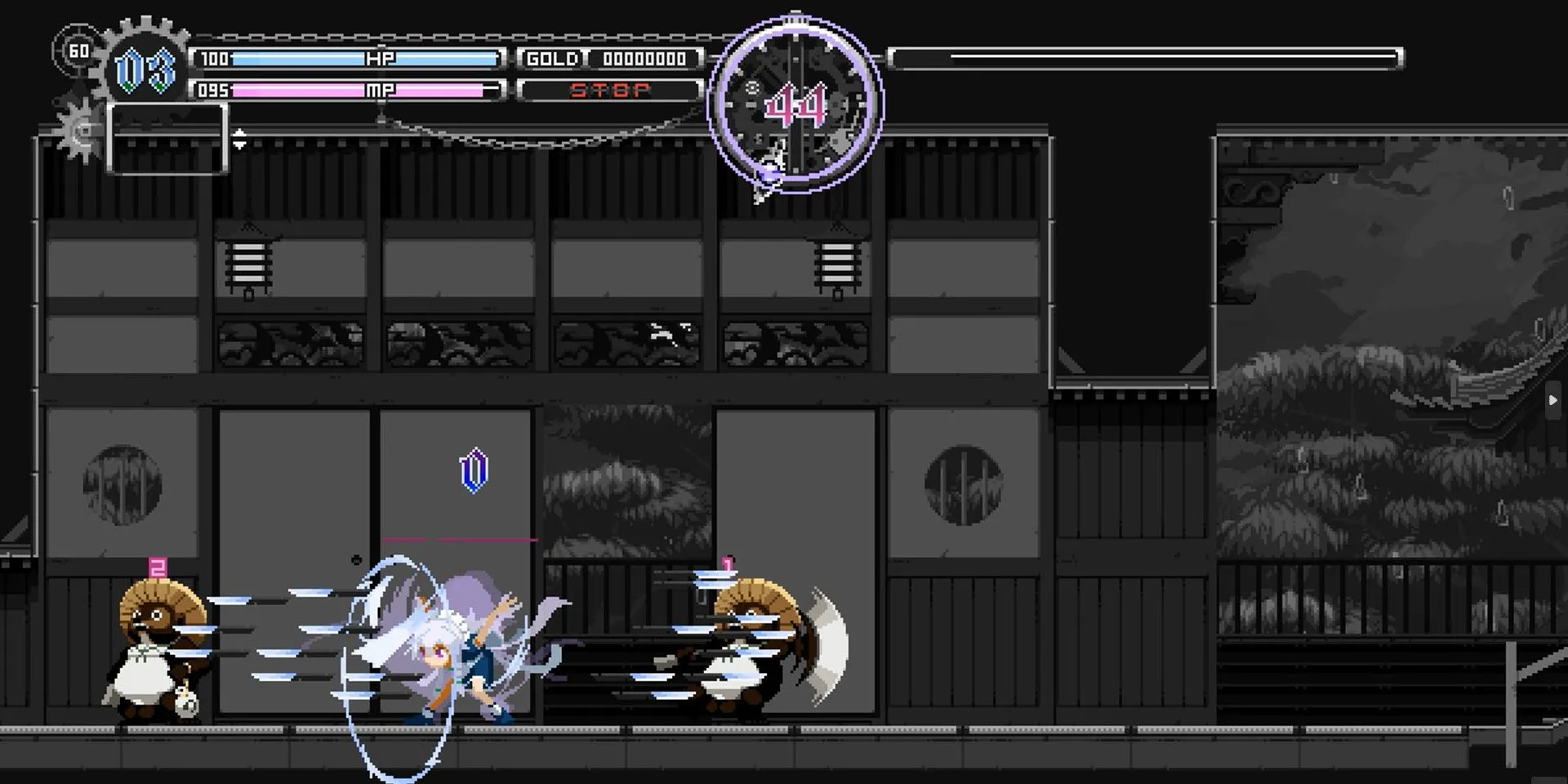 Sakuya Izayoi ném dao trong thời gian dừng trong Touhou Luna Nights