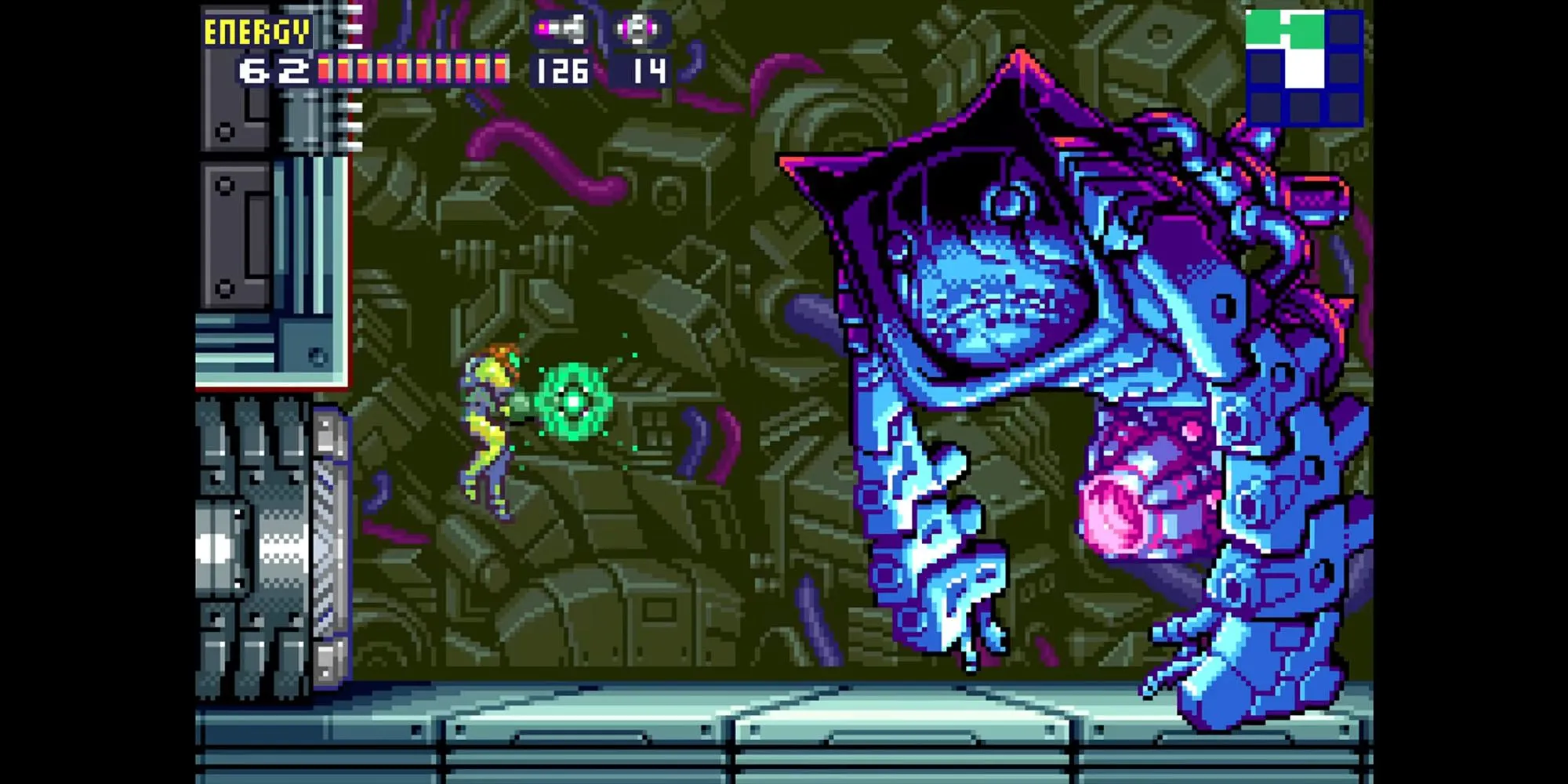 Samus Aran chiến đấu với trùm trong Metroid Fusion, một bản Metroidvania đỉnh cao trên Nintendo Switch Online