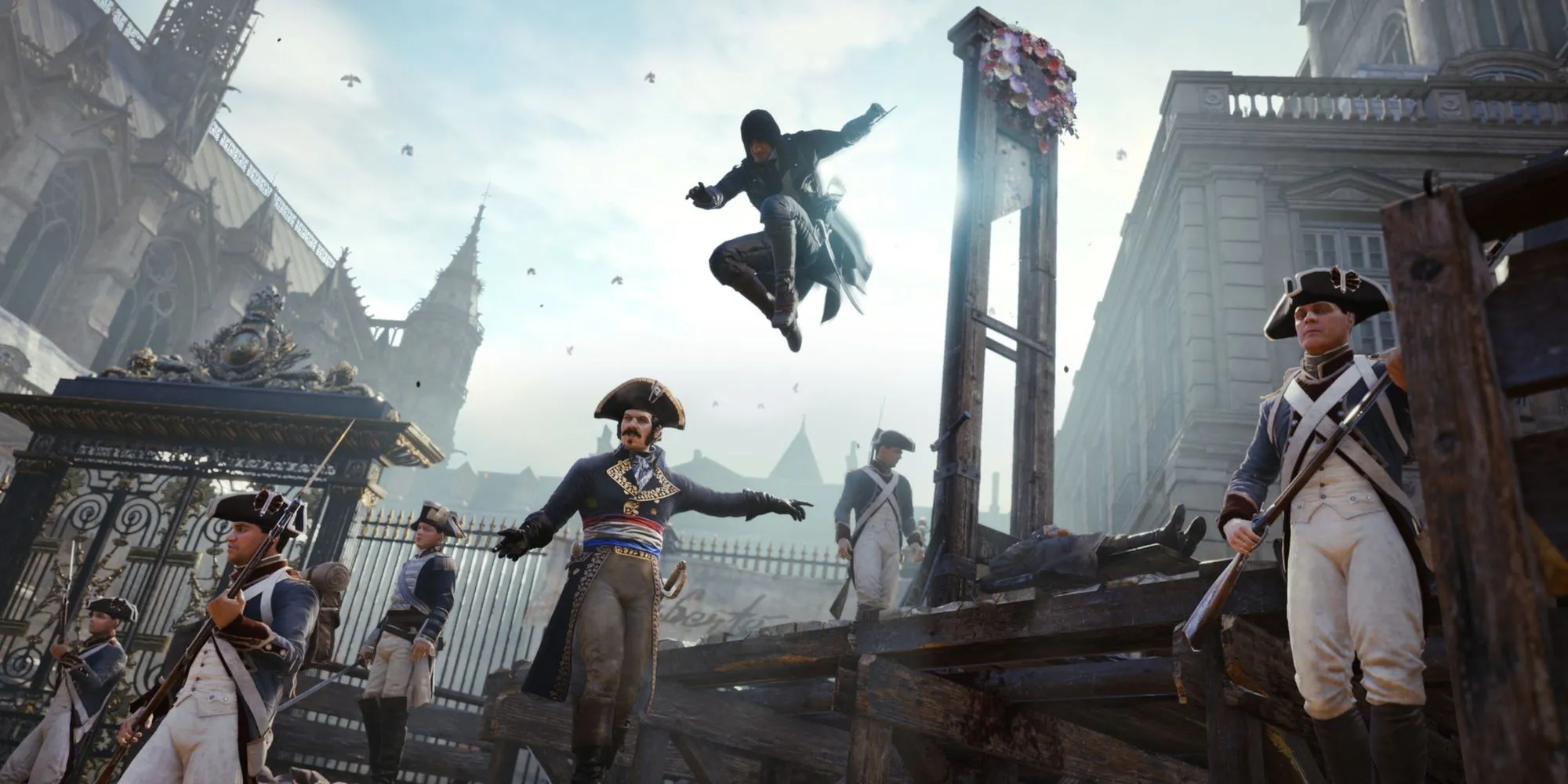 Sát thủ Arno Dorian thực hiện đòn ám sát từ trên cao đầy ngoạn mục trong trailer Assassin's Creed Unity, hứa hẹn một thế giới Paris cách mạng rực lửa.