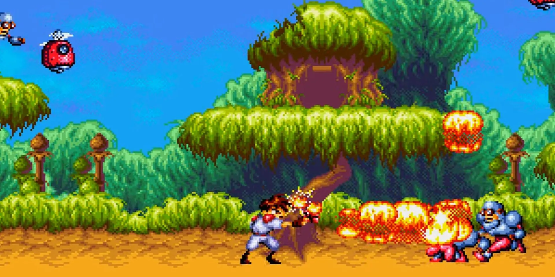 Sử dụng súng lửa đôi mạnh mẽ để chiến đấu trong run 'n gun Gunstar Heroes