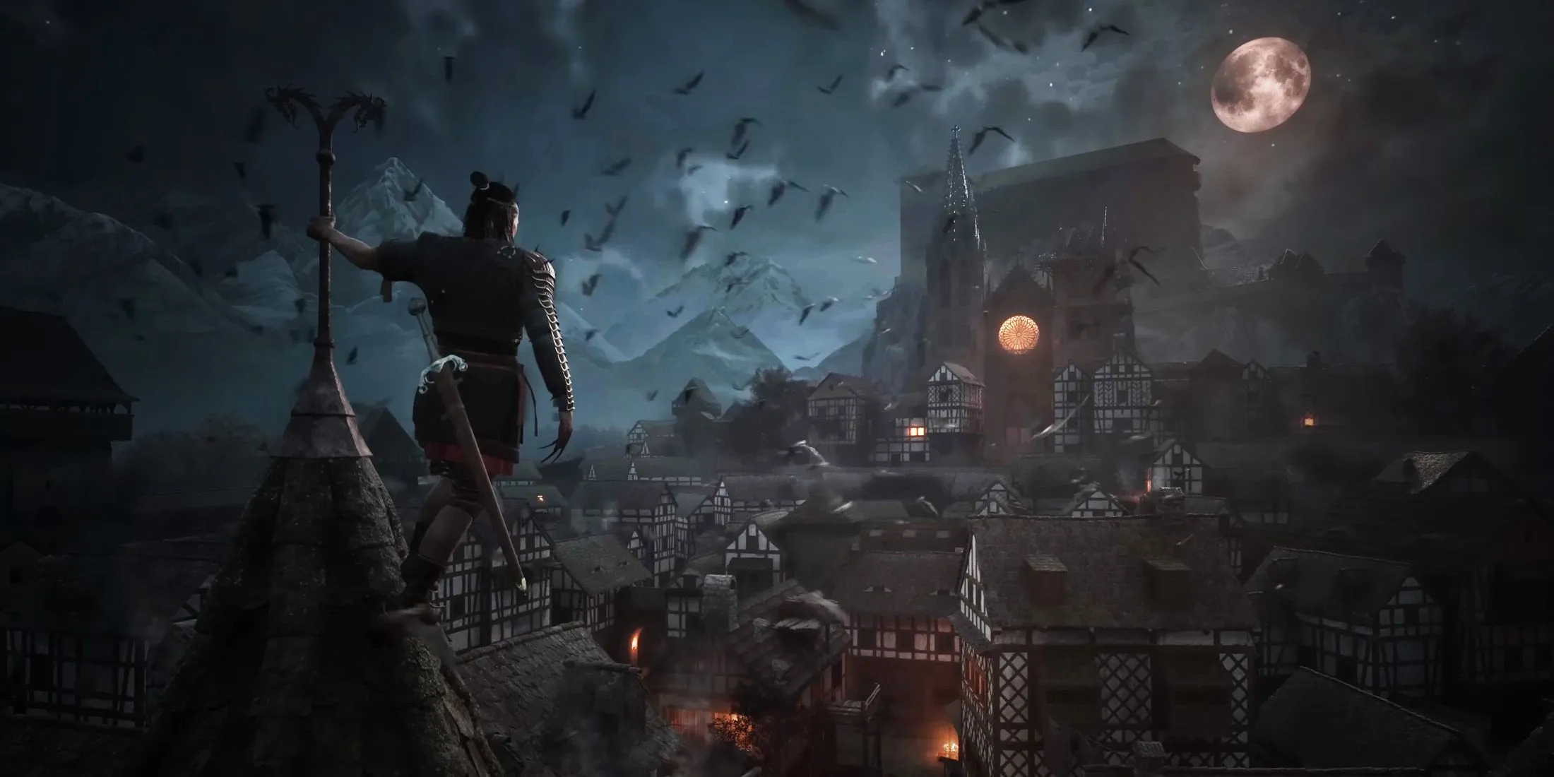 Thành phố trung cổ chìm trong đêm tối của The Blood of Dawnwalker, một RPG hành động
