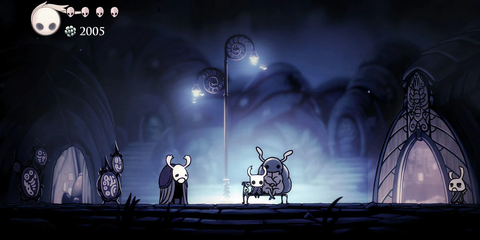 The Knight ngồi trên ghế dài cùng Hornet và Elders trong City of Tears tại Hollow Knight