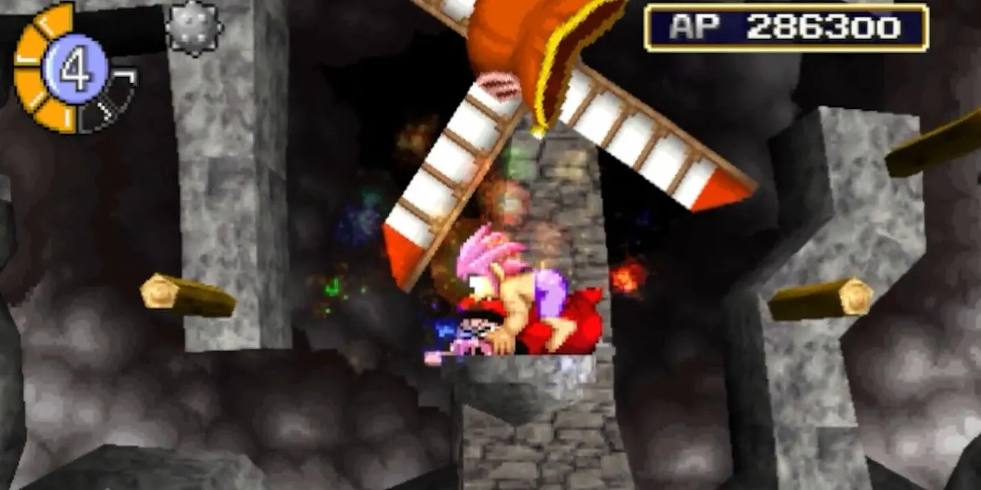 Tomba đang chiến đấu trong gameplay, thể hiện cơ chế platformer độc đáo