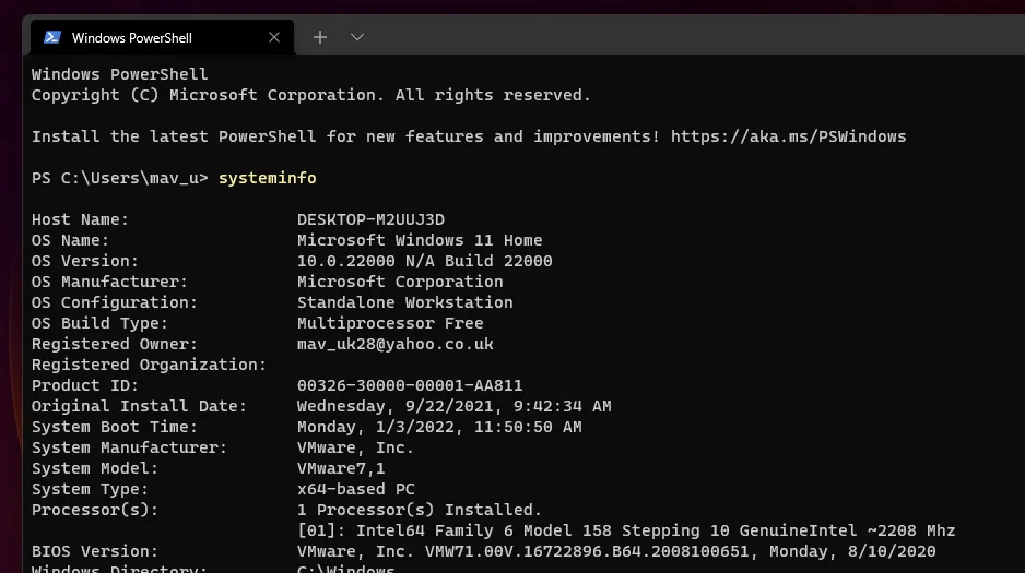 Ảnh minh họa lệnh systeminfo hiển thị thông tin hệ thống cơ bản như phiên bản Windows, RAM và thời gian khởi động