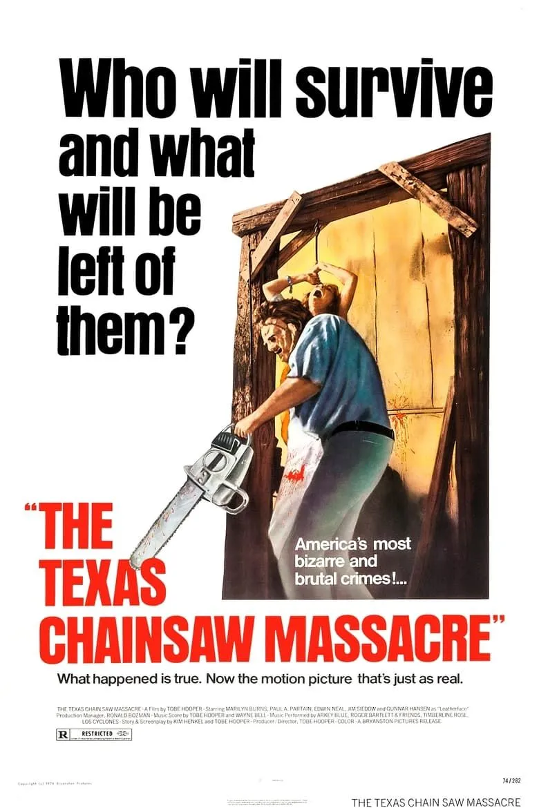 Áp phích The Texas Chain Saw Massacre với hình ảnh Leatherface và không khí rùng rợn