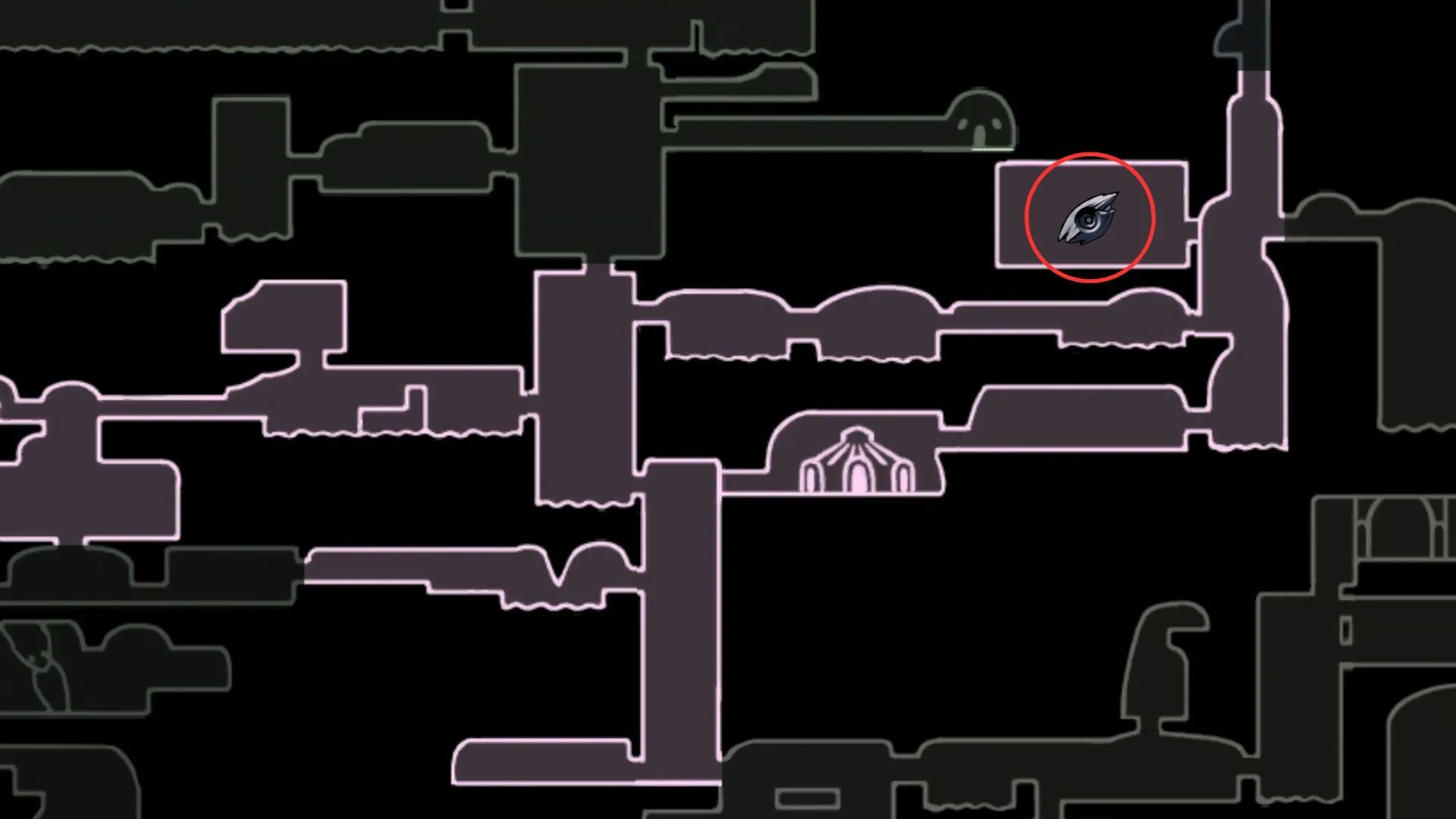 Bản đồ vị trí Charm Notch ở Fog Canyon, Hollow Knight, hiển thị phòng nằm dưới Stone Sanctuary