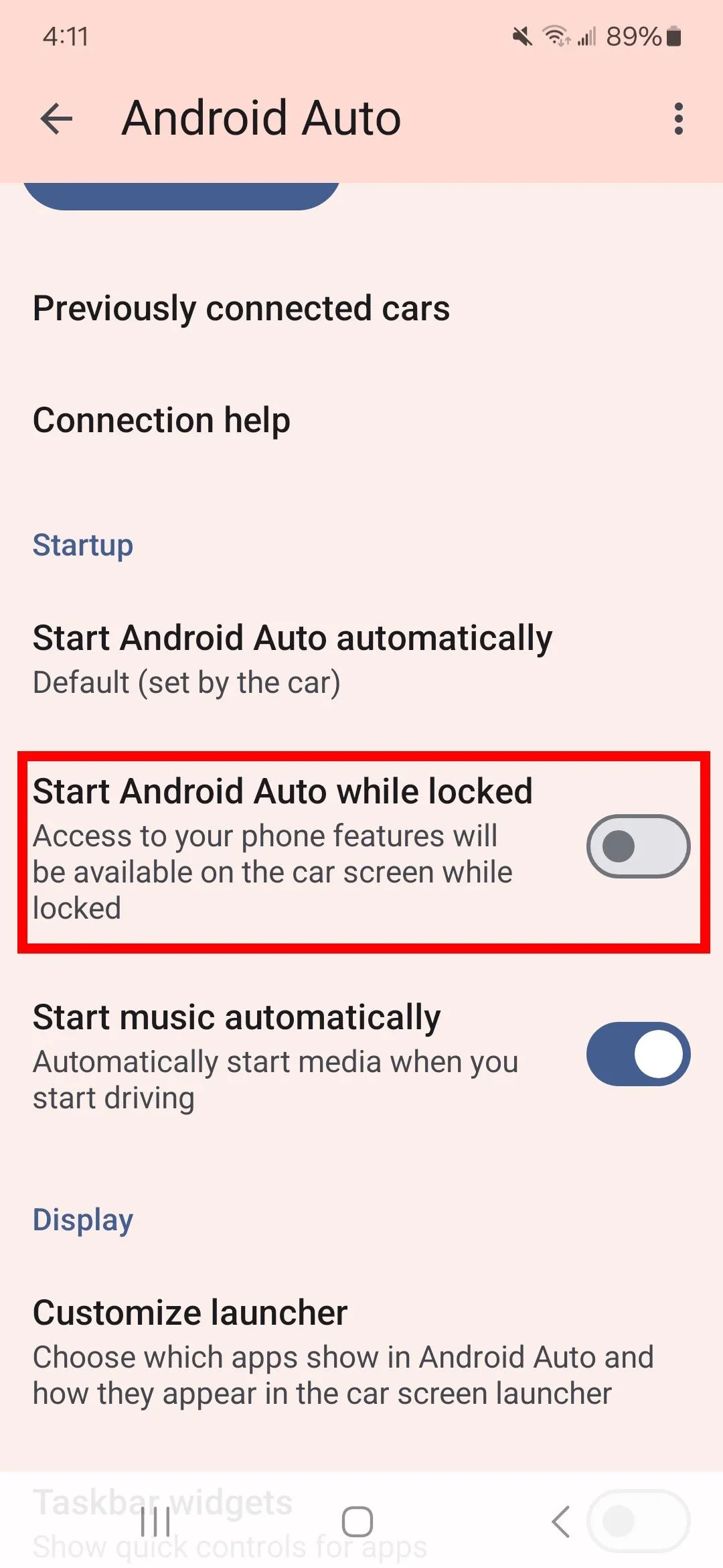 Bật tùy chọn Start Android Auto while locked để khởi ứng dụng khi điện thoại đang khóa