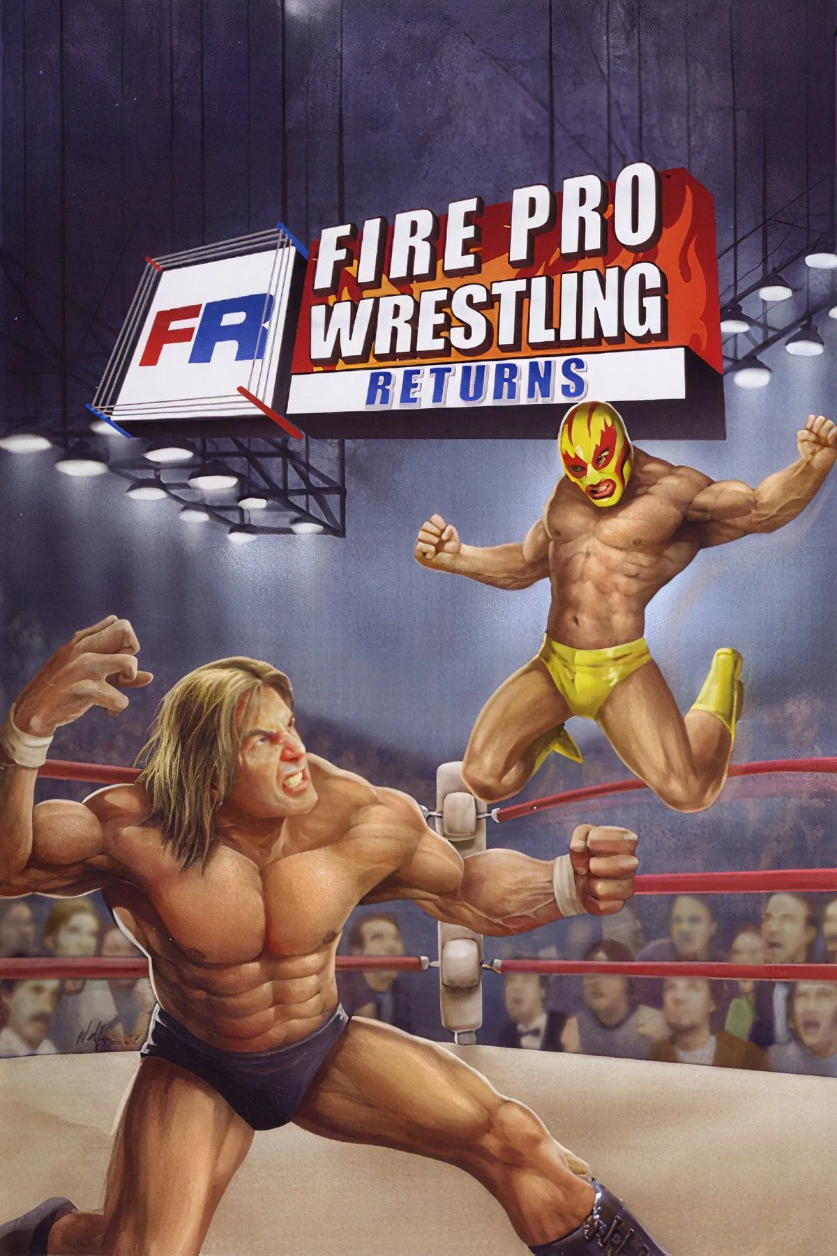 Bìa Fire Pro Wrestling Returns với phong cách đồ họa và roster đa dạng của game đấu vật