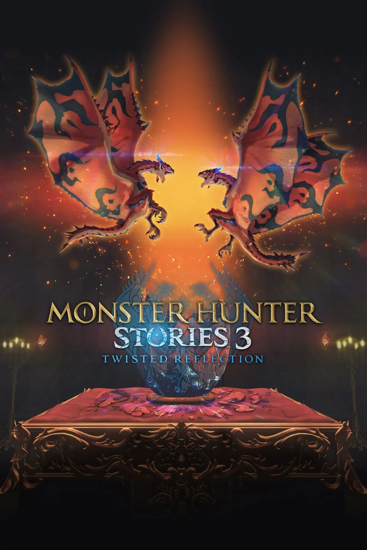 Bìa Monster Hunter Stories 3 với các nhân vật chính và Monsties trong phong cách JRPG sinh động