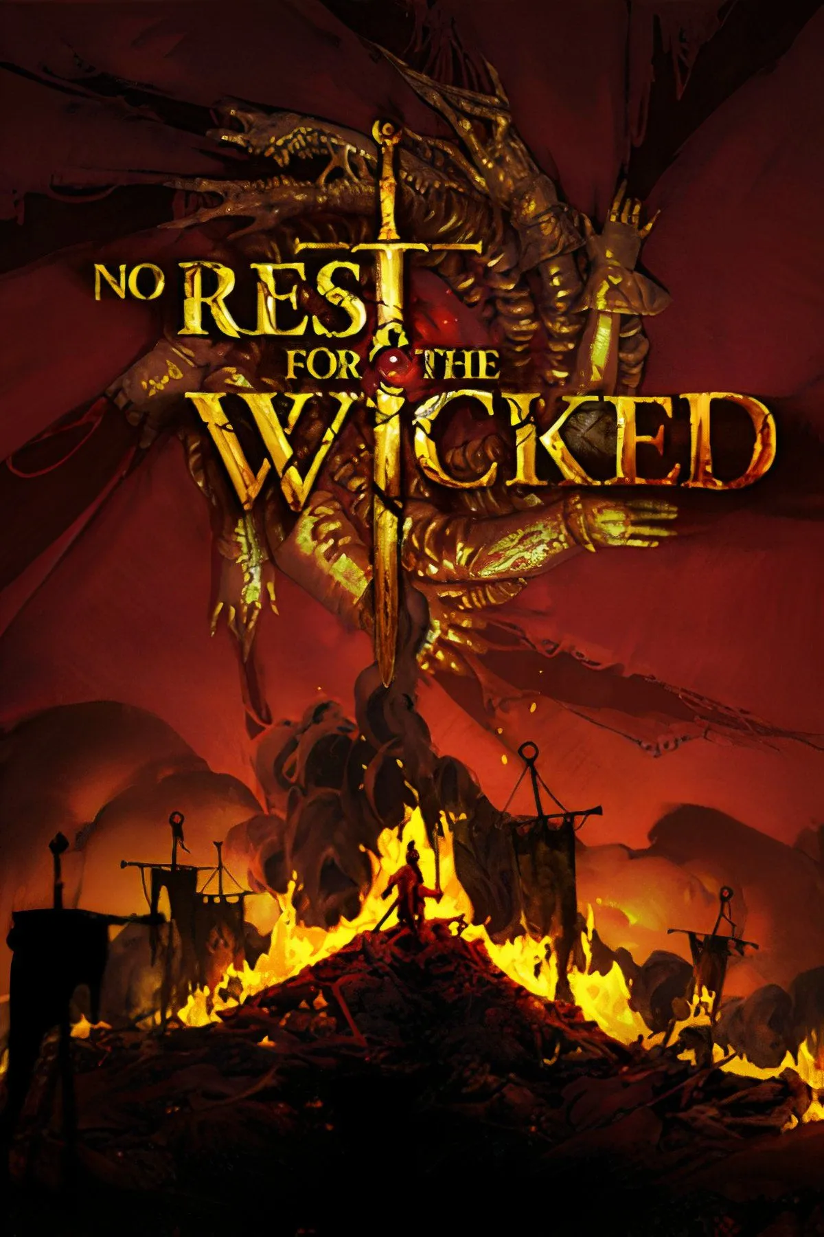 Bìa No Rest for the Wicked với phong cách hình ảnh nghệ thuật, gợi không khí dark fantasy độc đáo