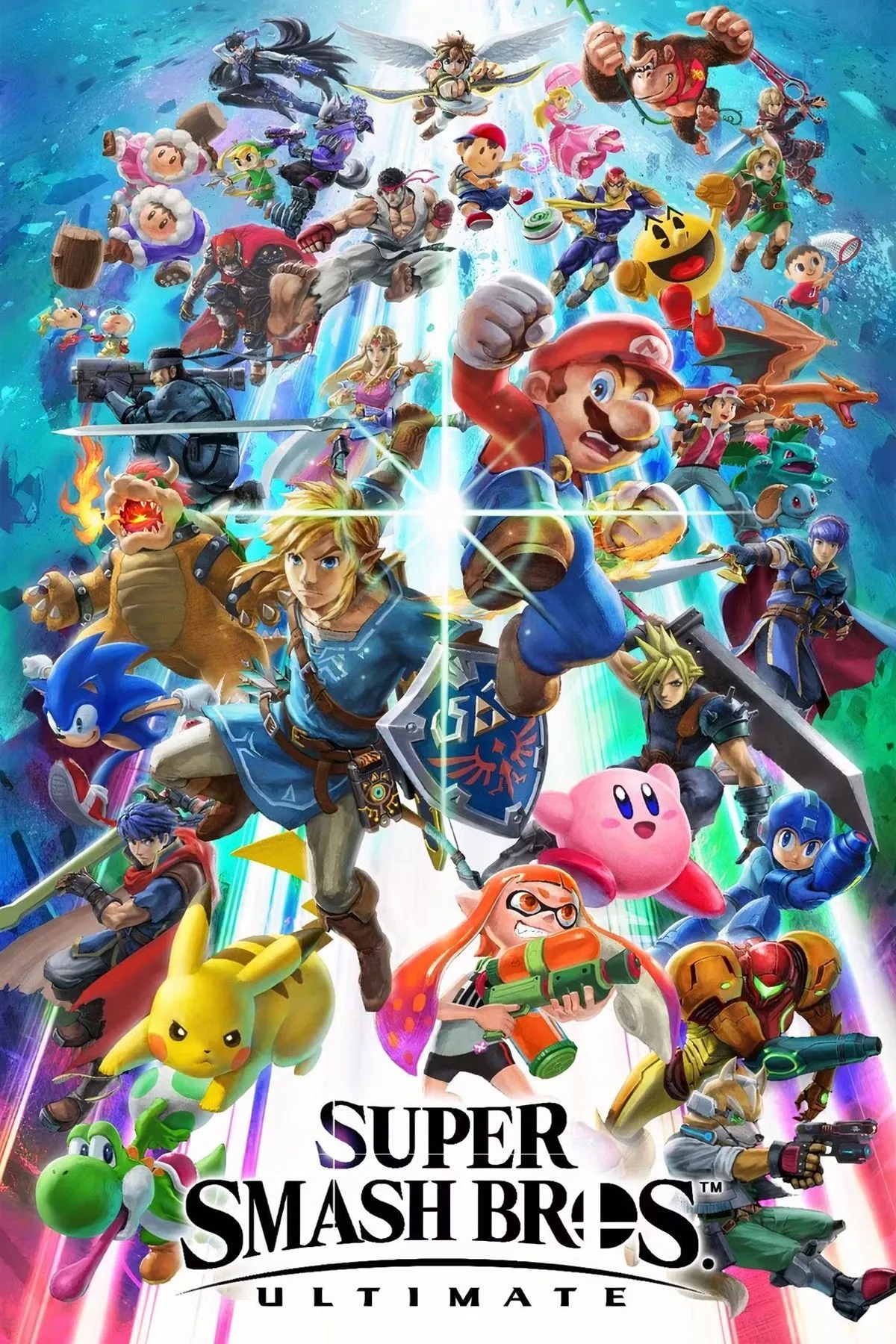 Bìa Super Smash Bros. Ultimate với nhiều nhân vật đại diện cho các IP khác nhau