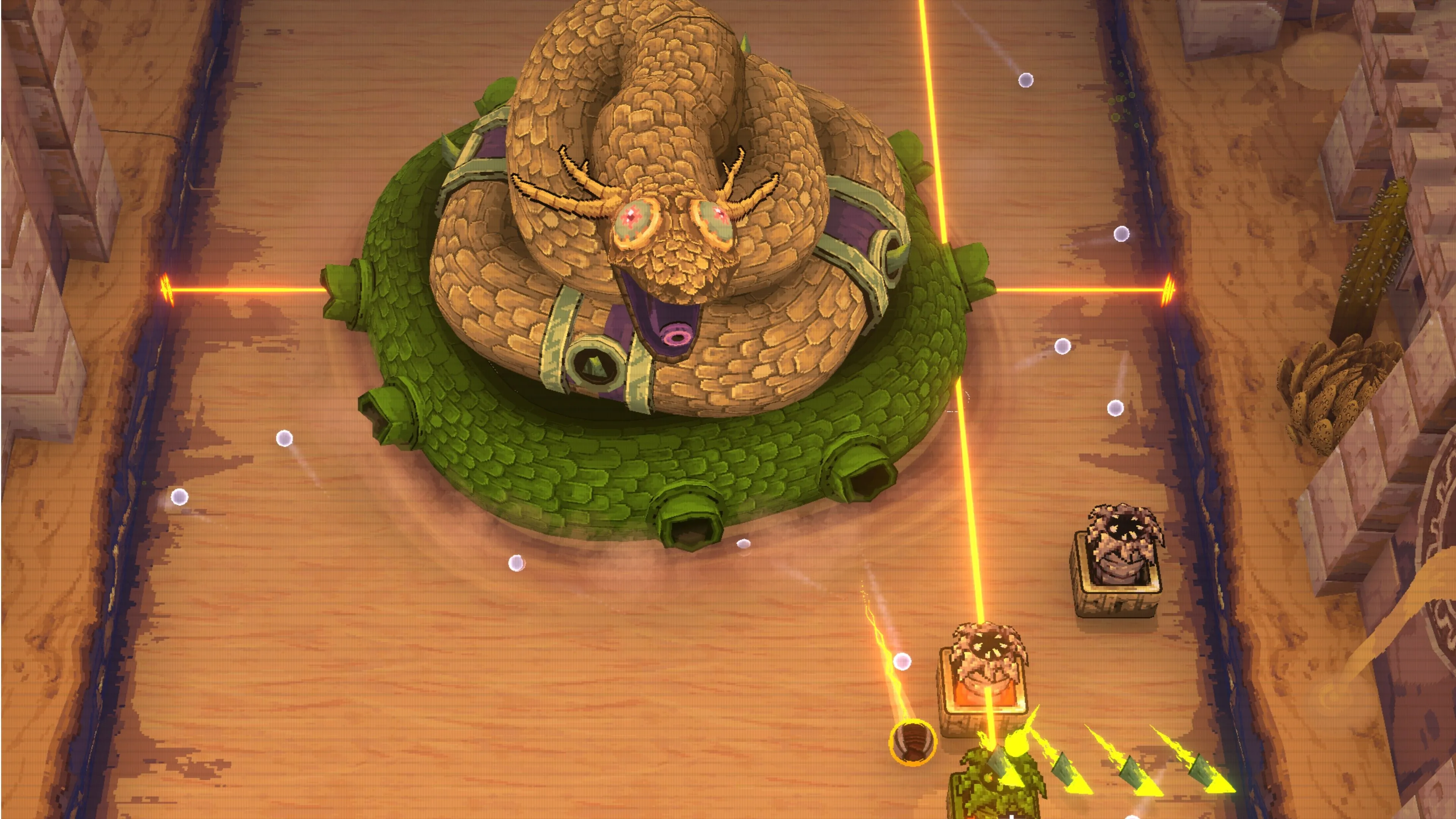 Boss hình con rắn trong Ball x Pit, minh họa cơ chế bullet-hell và yếu tố arcade