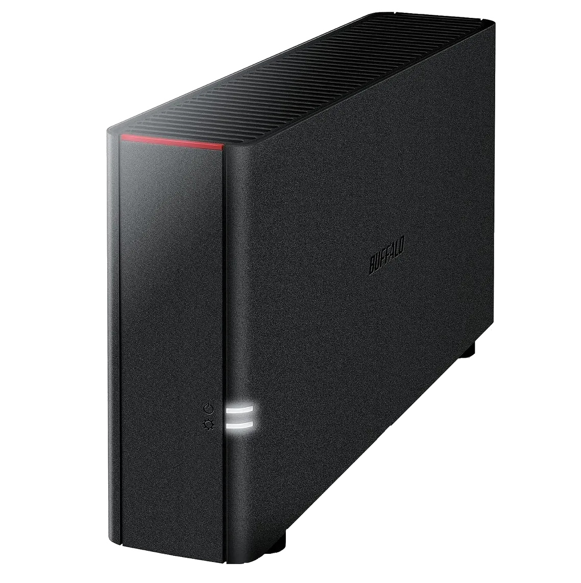 Buffalo LinkStation 210 đặt cạnh router, minh họa NAS 1-bay 2TB phù hợp lưu trữ game và media tại nhà