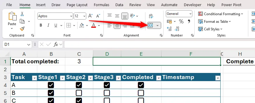 Các ô được gộp và chuyển thành thanh tiến độ bằng Conditional Formatting Data Bars