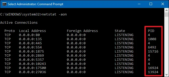Các Process ID (PID) liên kết với port hiển thị trong netstat -aon.