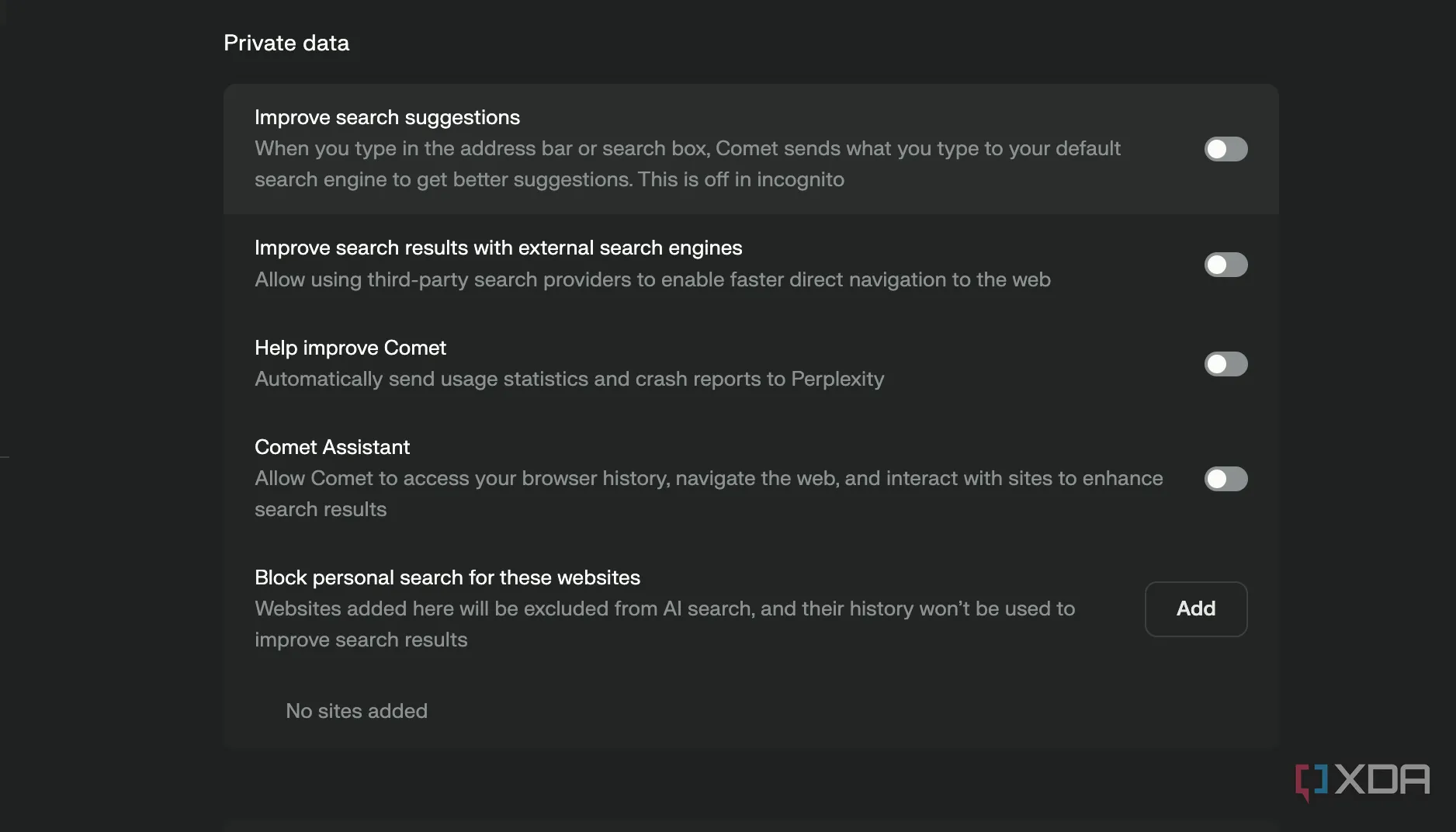 Cài đặt quyền riêng tư của Comet trên macOS, minh họa lựa chọn tắt bật các tính năng AI và theo dõi