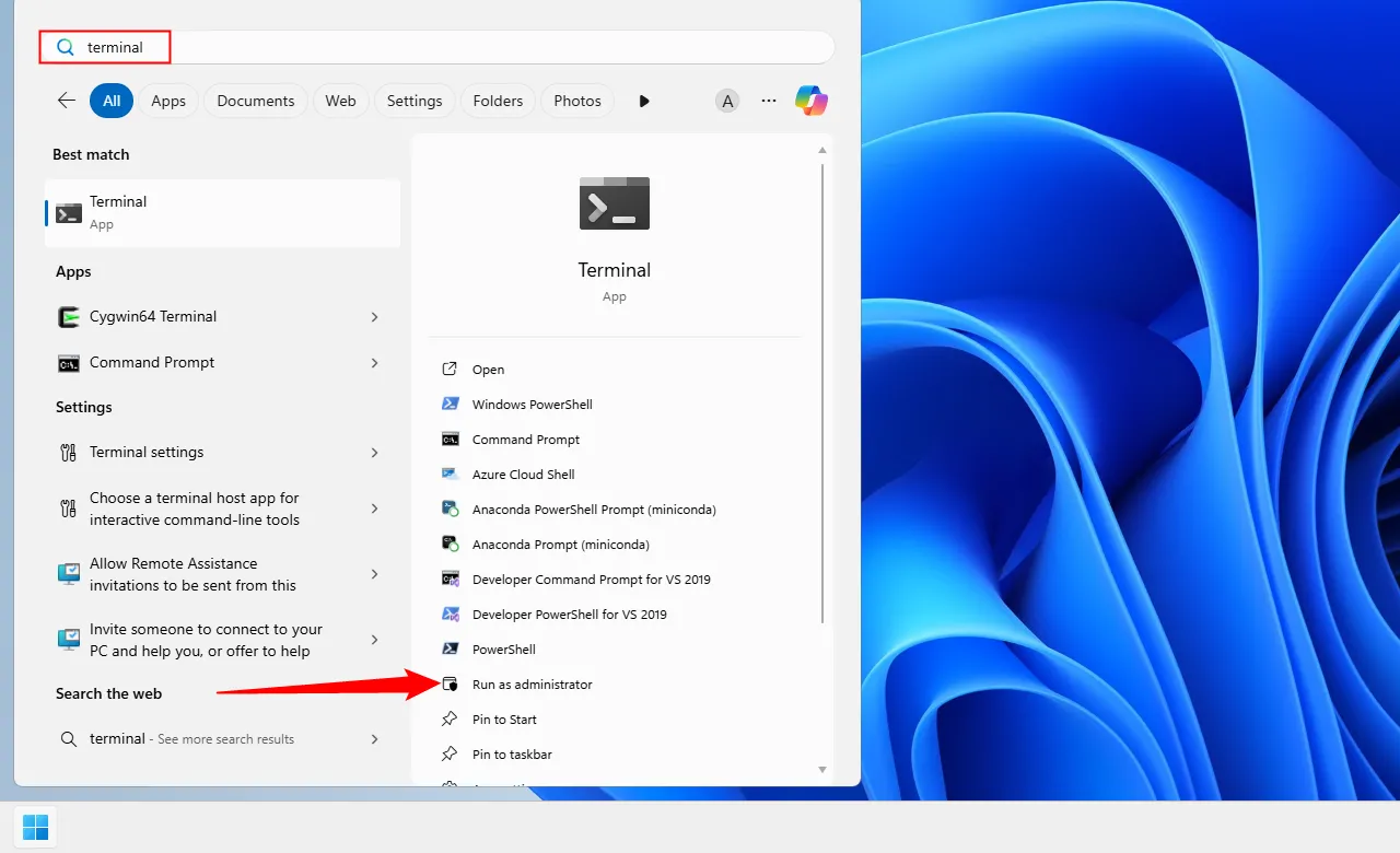 Chạy Terminal với quyền quản trị trên Windows để dùng netstat và PowerShell.