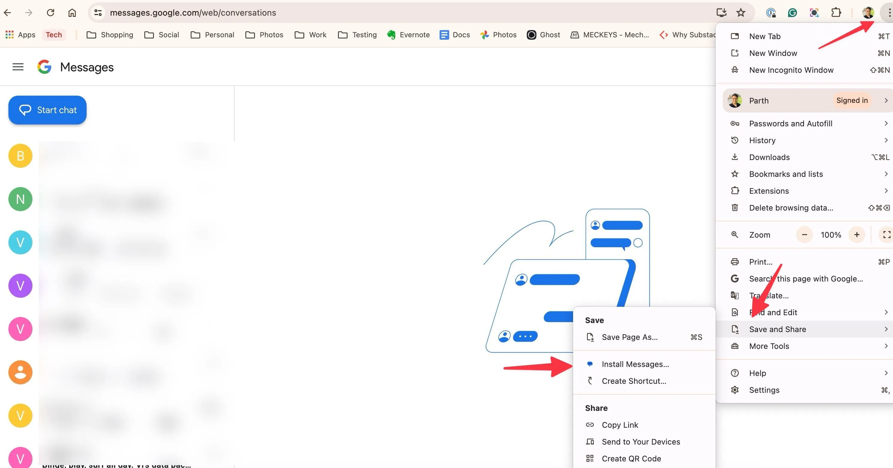 Chỉ dẫn cài đặt Google Messages như web app trên Chrome, menu Save and Share và Install