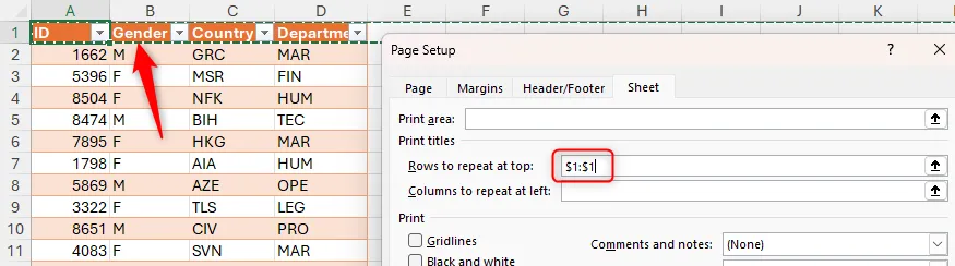 Chọn hàng tiêu đề để lặp ở mỗi trang in — tiện cho danh sách guild nhiều trang.
