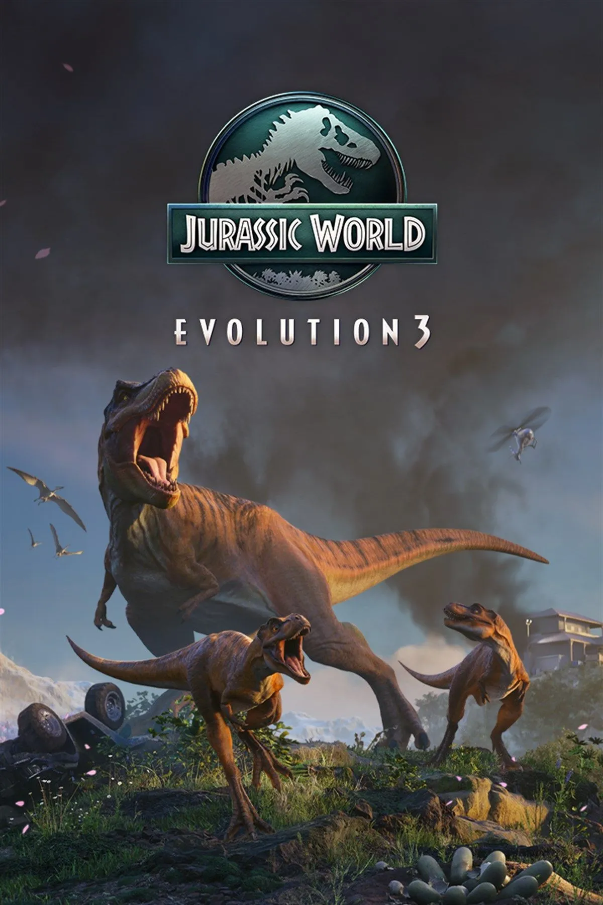 Cover art của Jurassic World Evolution 3 thể hiện quy mô công viên và loài dino