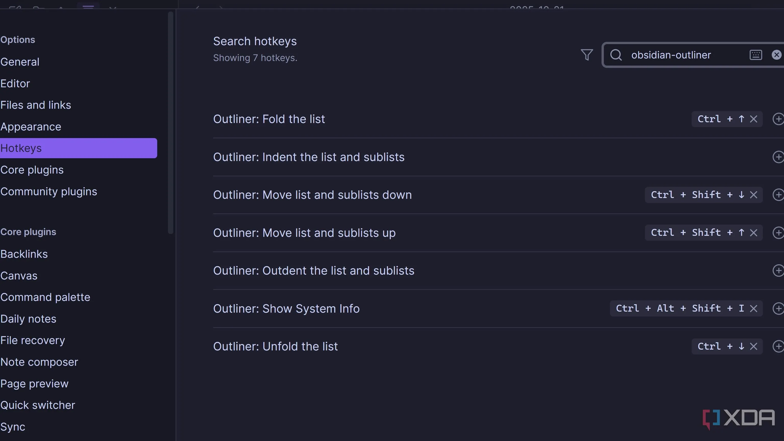 Danh sách các phím tắt Outliner hiển thị trên màn hình