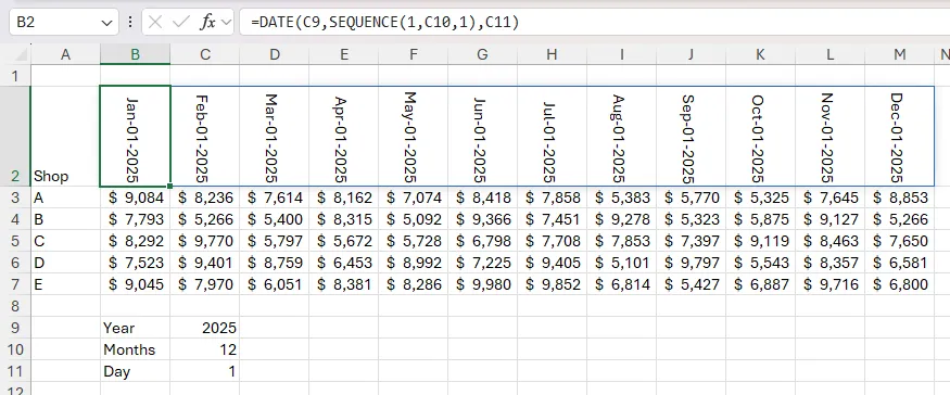 Danh sách ngày tạo bằng SEQUENCE và DATE trong Excel, phù hợp để lập lịch sự kiện trong guild.