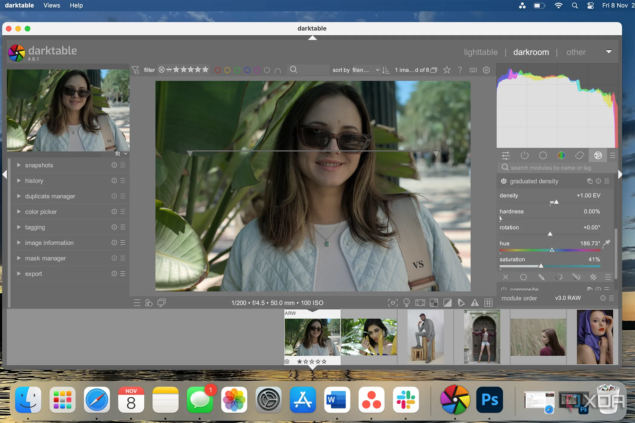 Darktable hiển thị công cụ lọc và mặt nạ khi chỉnh sửa ảnh RAW trong giao diện Darkroom