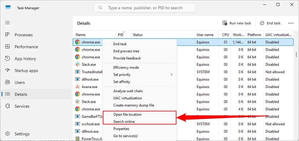 Dùng Task Manager để mở vị trí file hoặc tìm thông tin tiến trình khi biết PID.