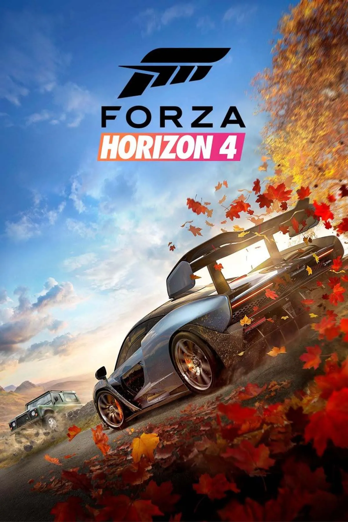 Forza Horizon 4 cover art với phong cảnh mùa thay đổi và xe đua
