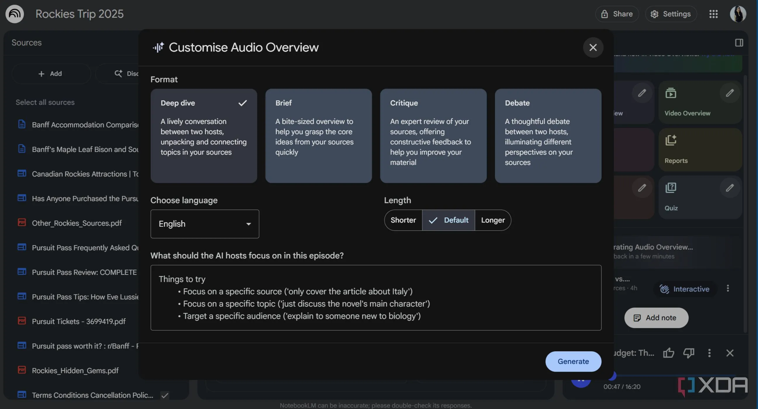 Giao diện audio overview của NotebookLM, phù hợp để nghe tổng hợp nghiên cứu khi di chuyển