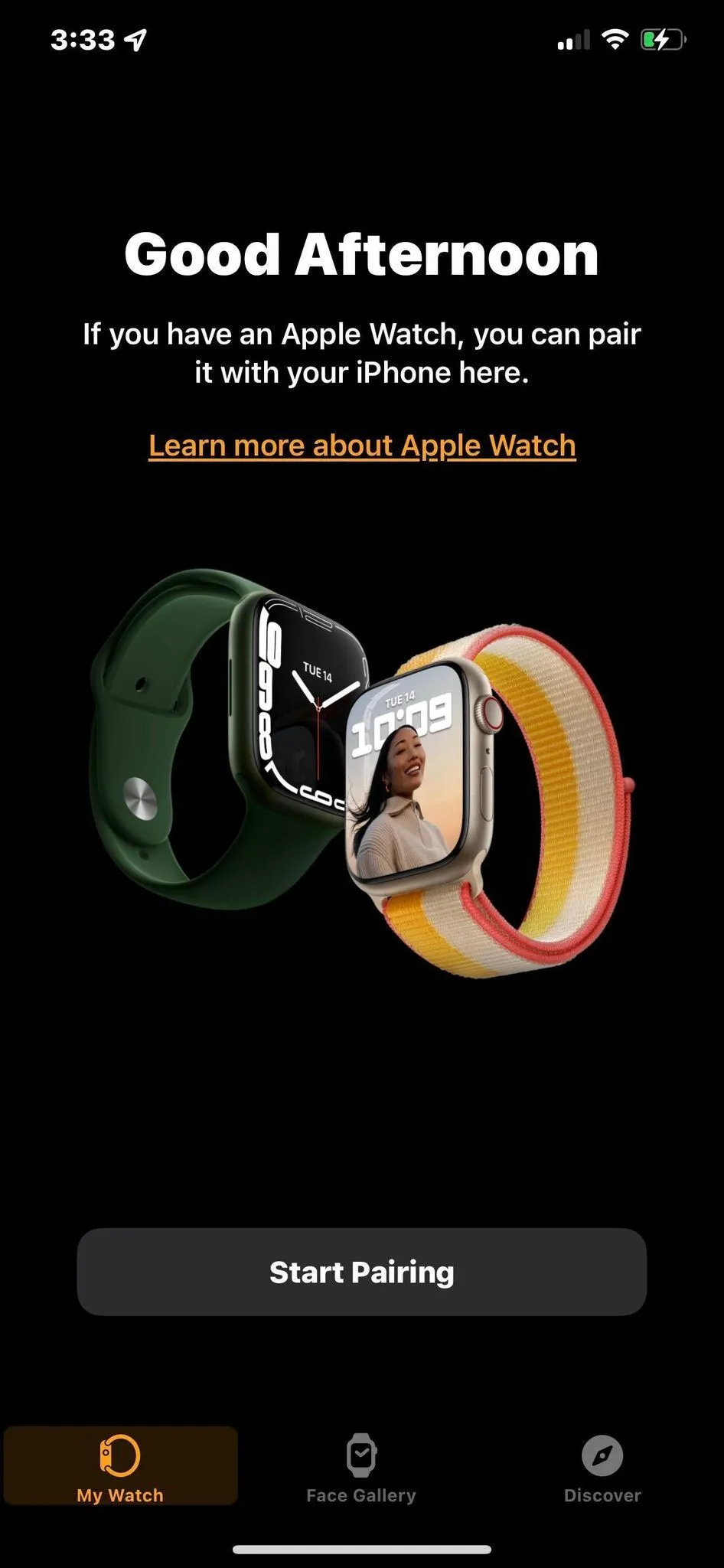 Giao diện bắt đầu ghép Apple Watch trên iPhone trong ứng dụng Watch