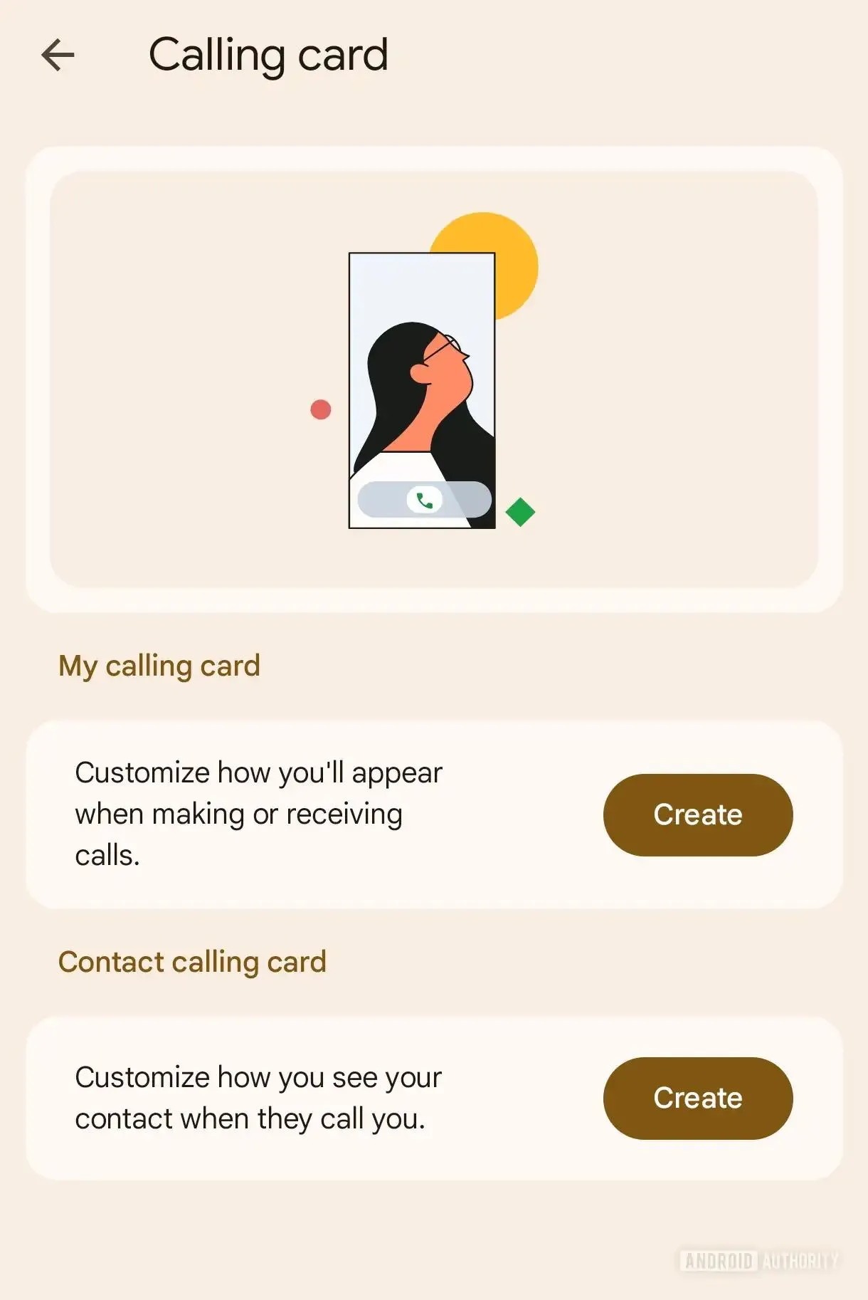 Giao diện cài đặt Calling Cards trong ứng dụng Phone by Google trên Android 16, cho phép tùy chỉnh thẻ gọi khi gọi đến hoặc gọi đi