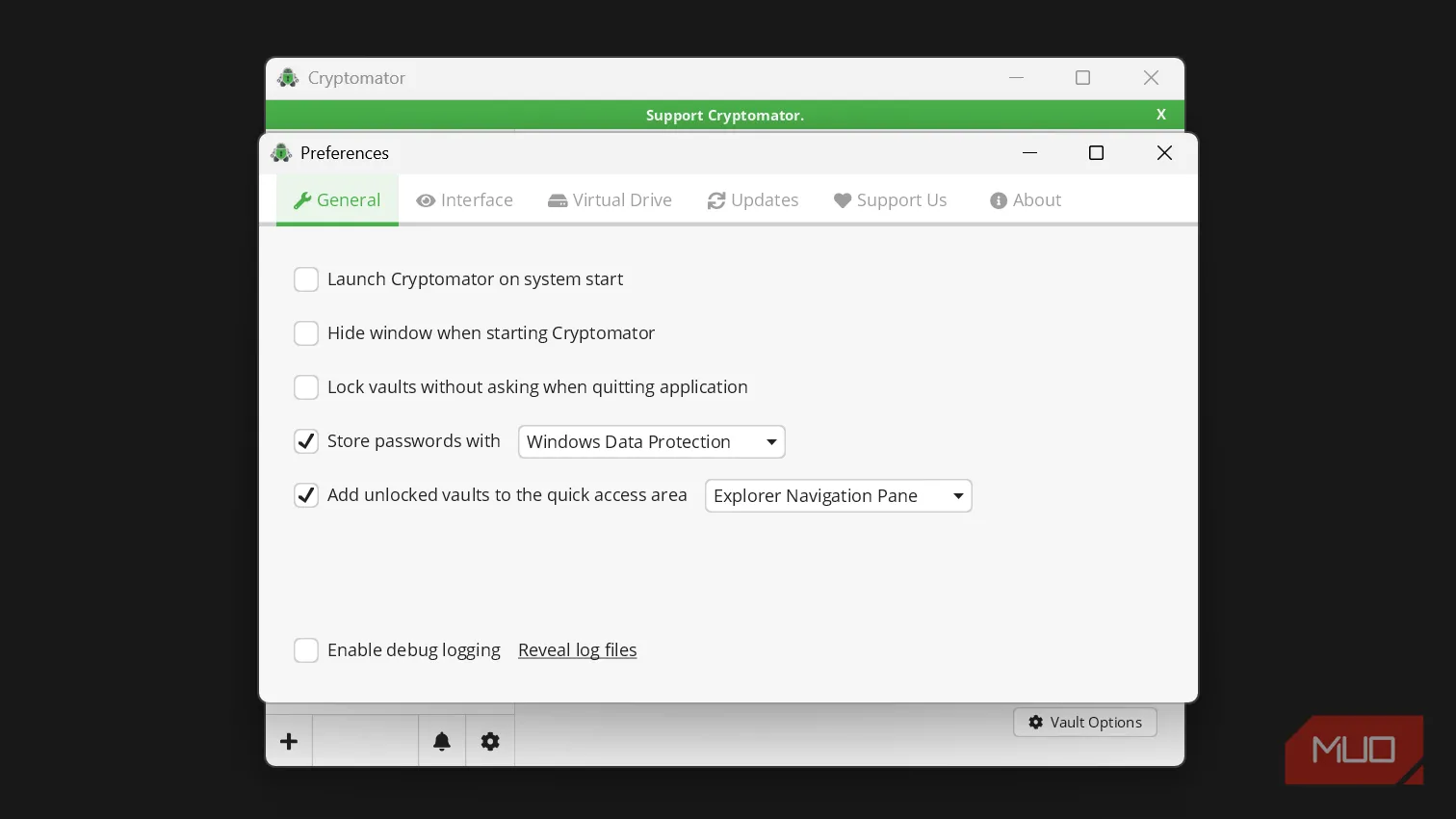 Giao diện cài đặt chung Cryptomator trên Windows hiển thị tùy chọn vault và cài đặt bảo mật