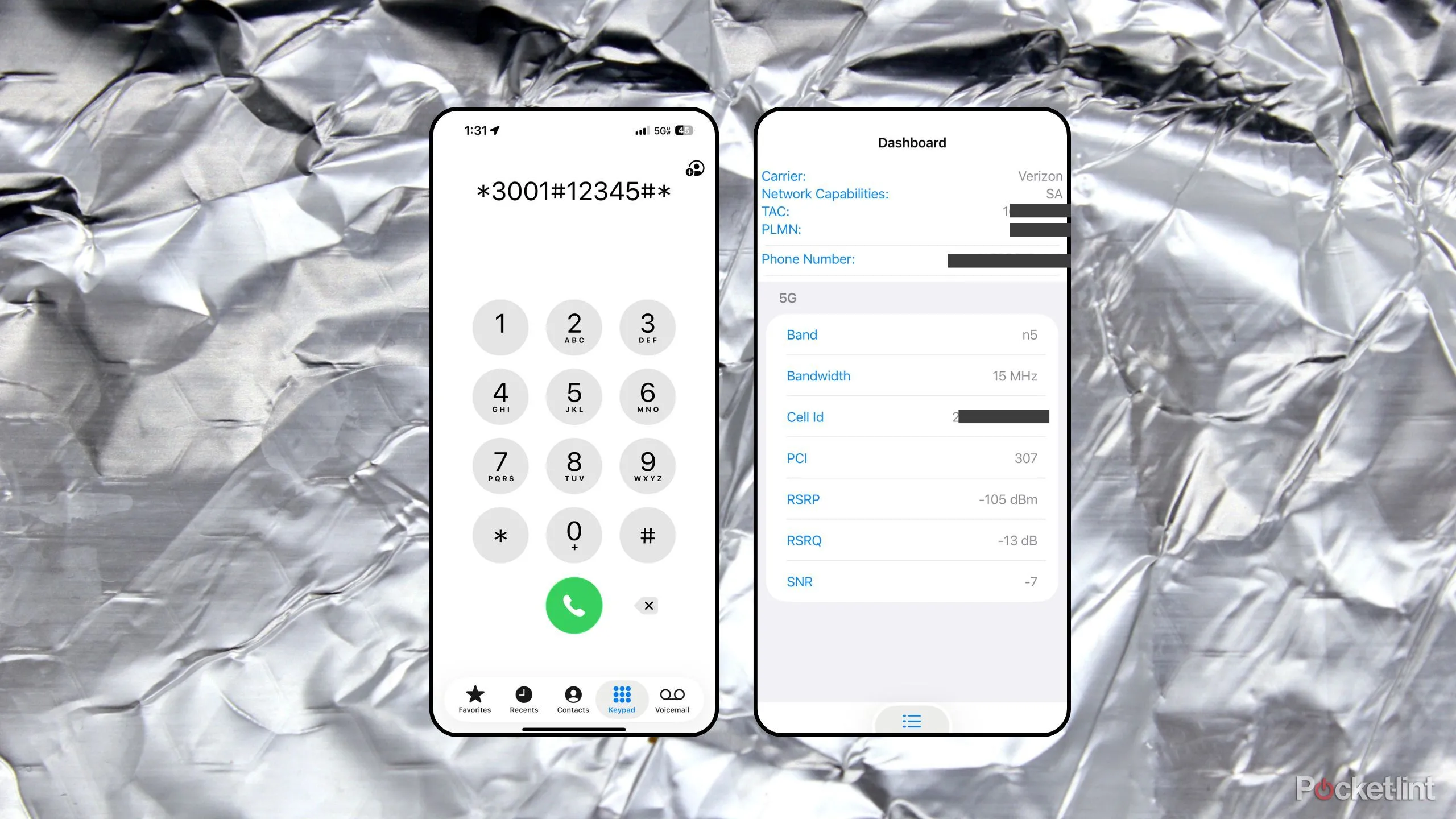 Giao diện Field Test Mode trên iOS, hiển thị RSRP, RSRQ và SINR.