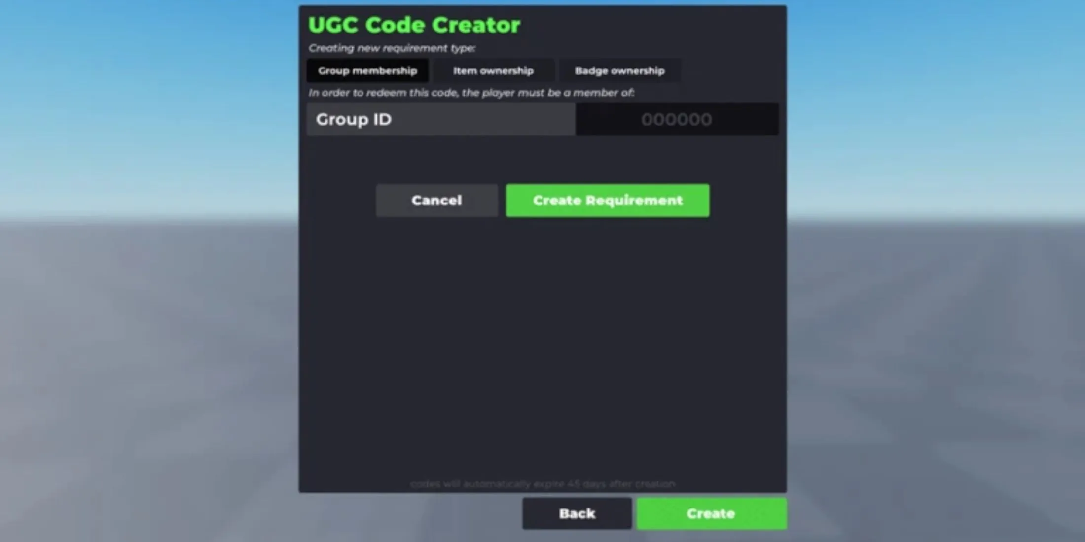 Giao diện Flex UGC với mã đổi quà và vật phẩm avatar miễn phí trên Roblox