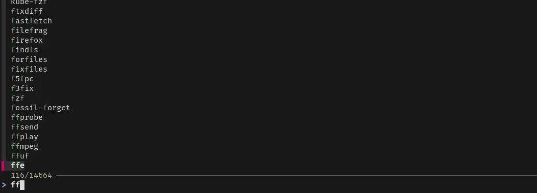 Giao diện FZF hiển thị danh sách lệnh từ cheat.sh, người dùng nhập 'ff' để lọc các lệnh bắt đầu bằng FF