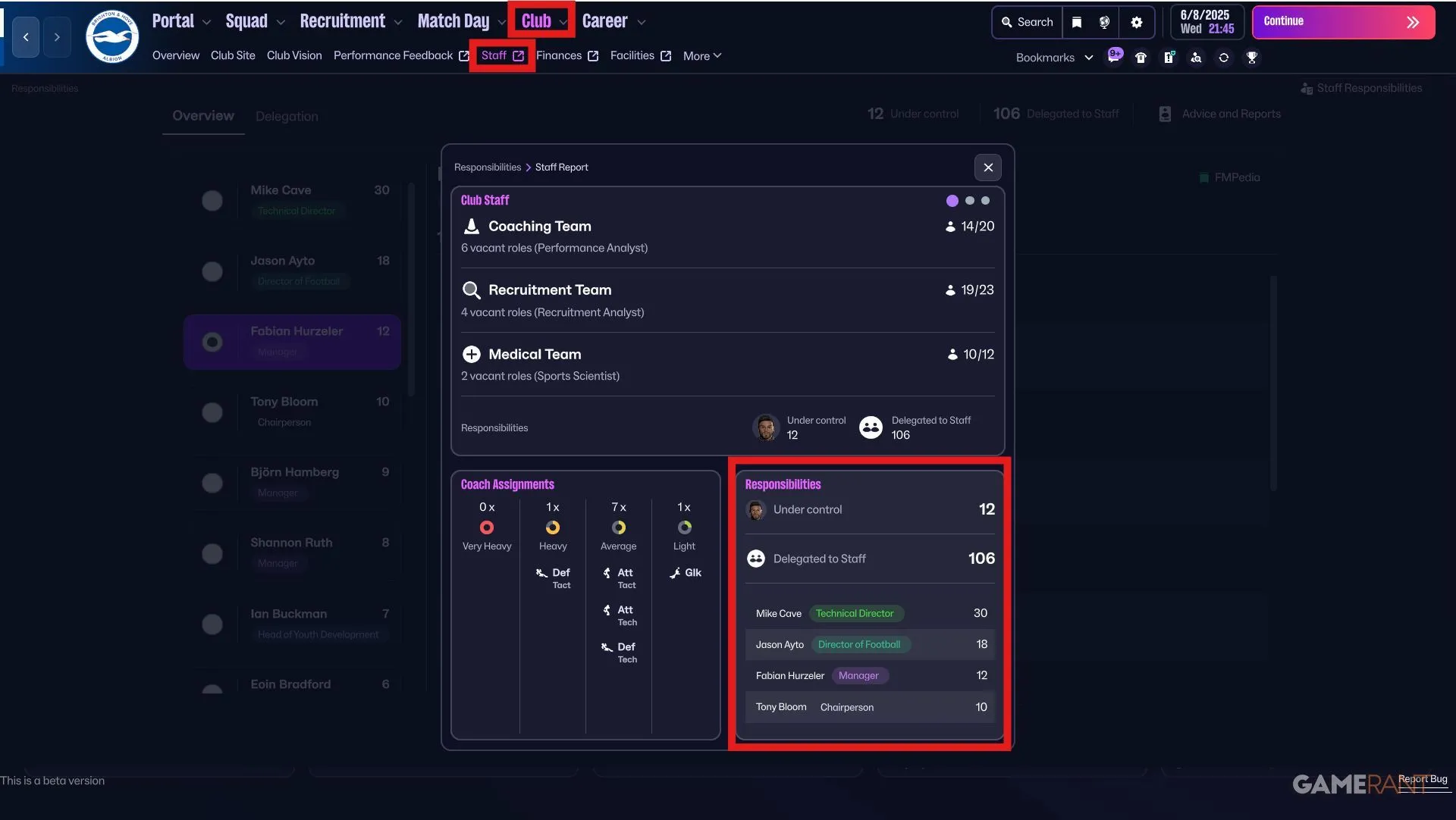 Giao diện menu phân quyền trong FM26, hướng dẫn tìm Delegation trong Club > Staff
