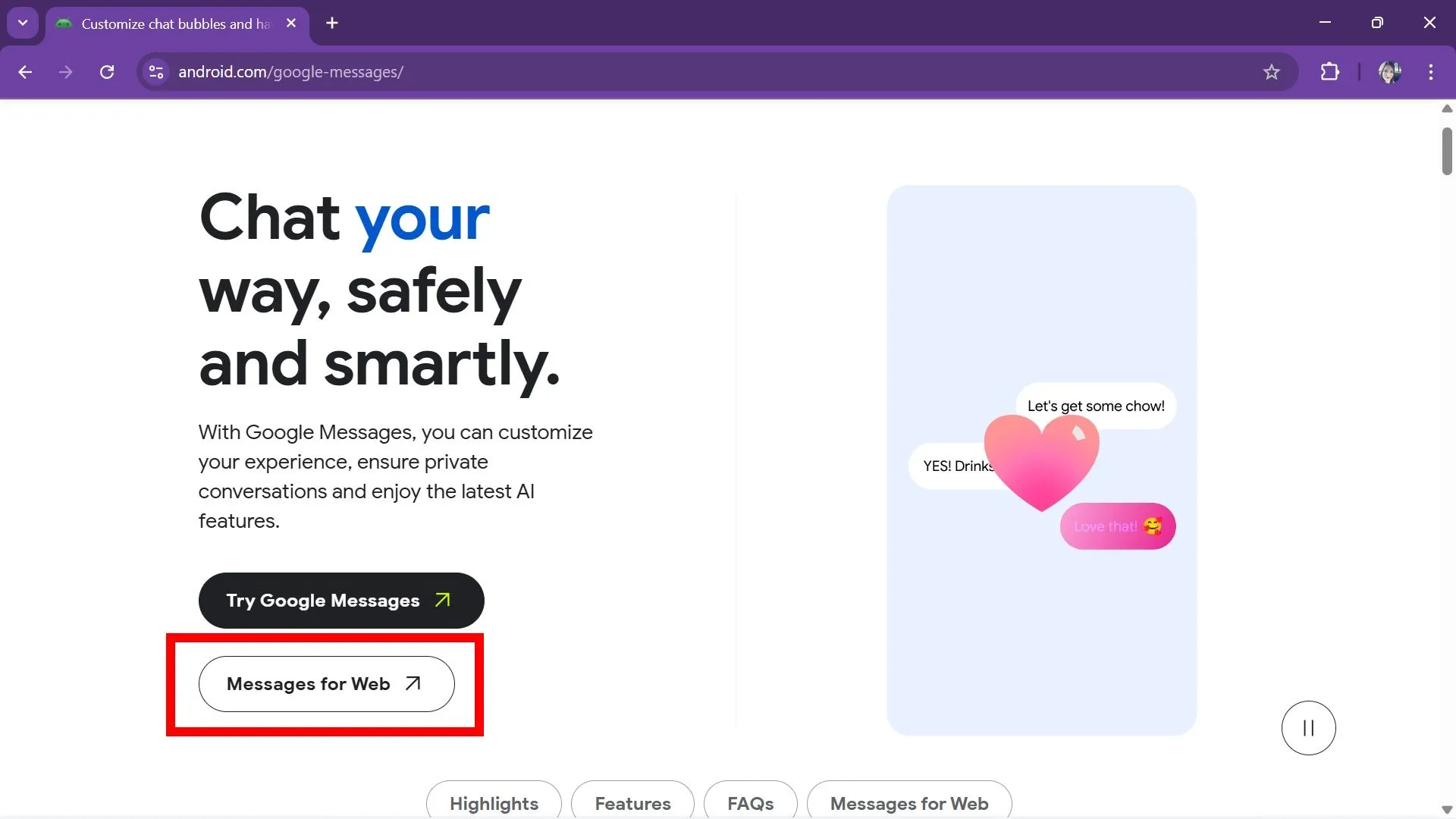 Giao diện Messages for Web hiển thị ô để truy cập và bắt đầu ghép nối trên trình duyệt