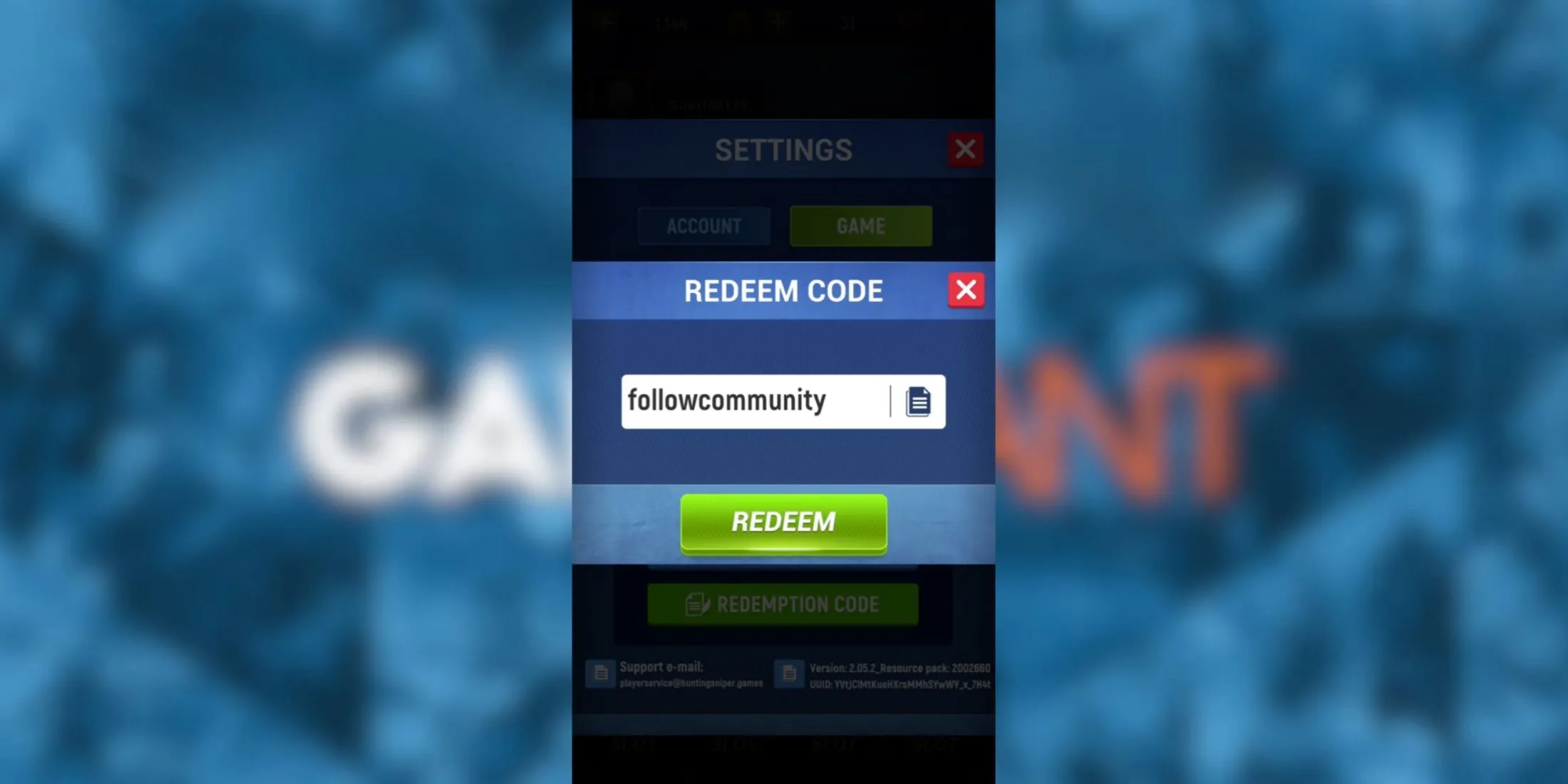Giao diện nhập mã trong Hunting Sniper, chỉ dẫn vào mục Settings > Game > Redemption Code