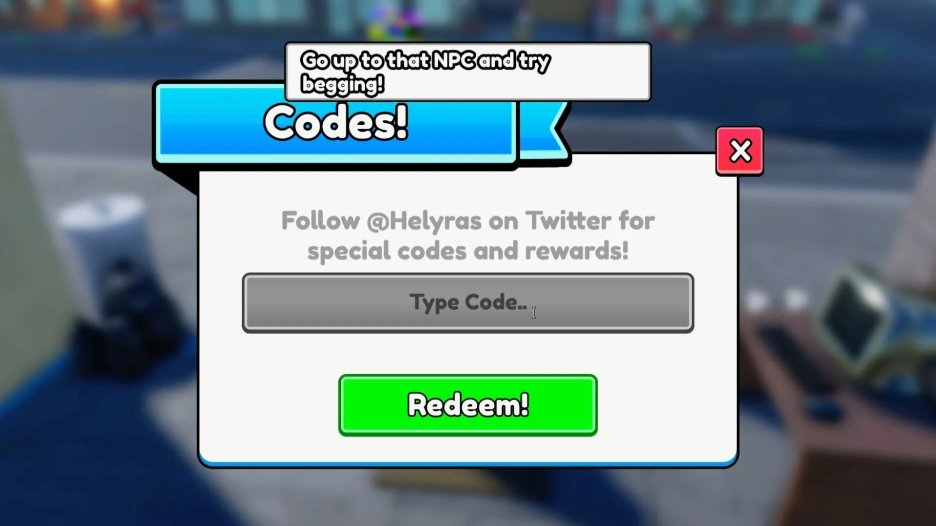 Giao diện nút Codes trong Be a Beggar, hướng dẫn nơi nhập mã trong game Roblox